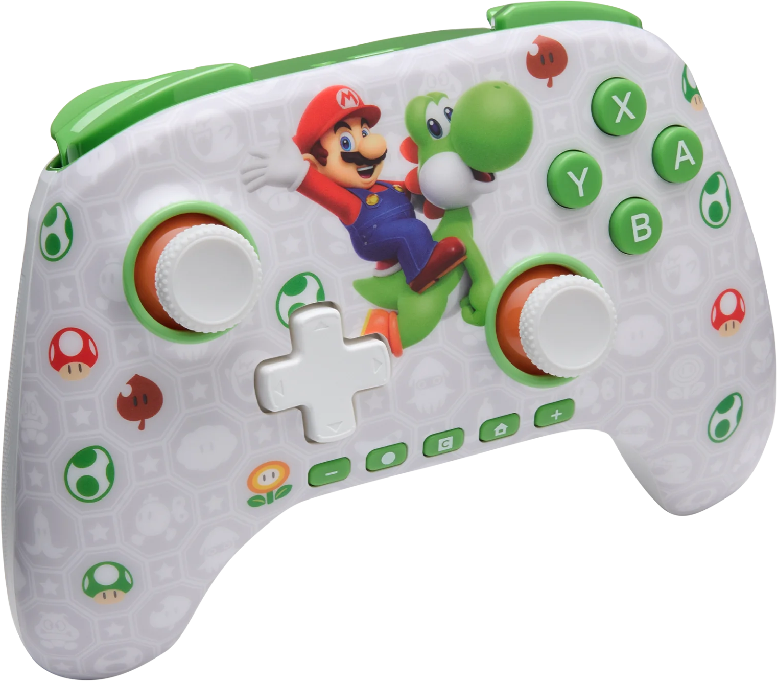 Fehér kontrolleren Mario és Yoshi, zöld díszítések, gombák mintákkal.