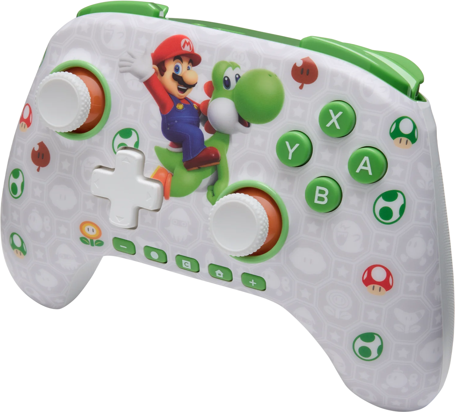 Nintendo kontrolleren Mario Yoshi hátán, fehér zöld díszítéssel és ikonokkal.