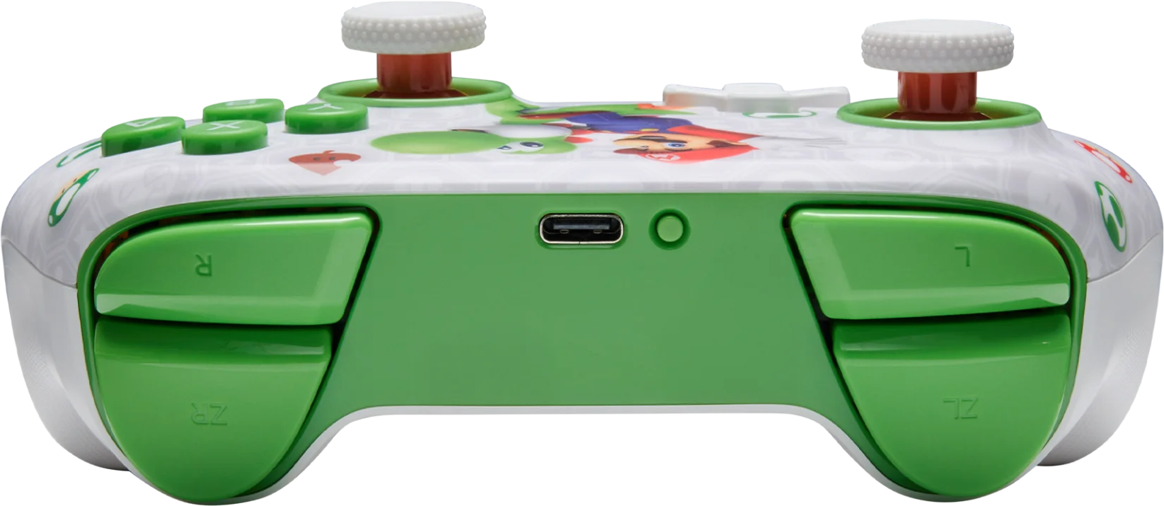 Egy fehér, Mario-motívumos kontroller zöld gombokkal és USB-C porttal.