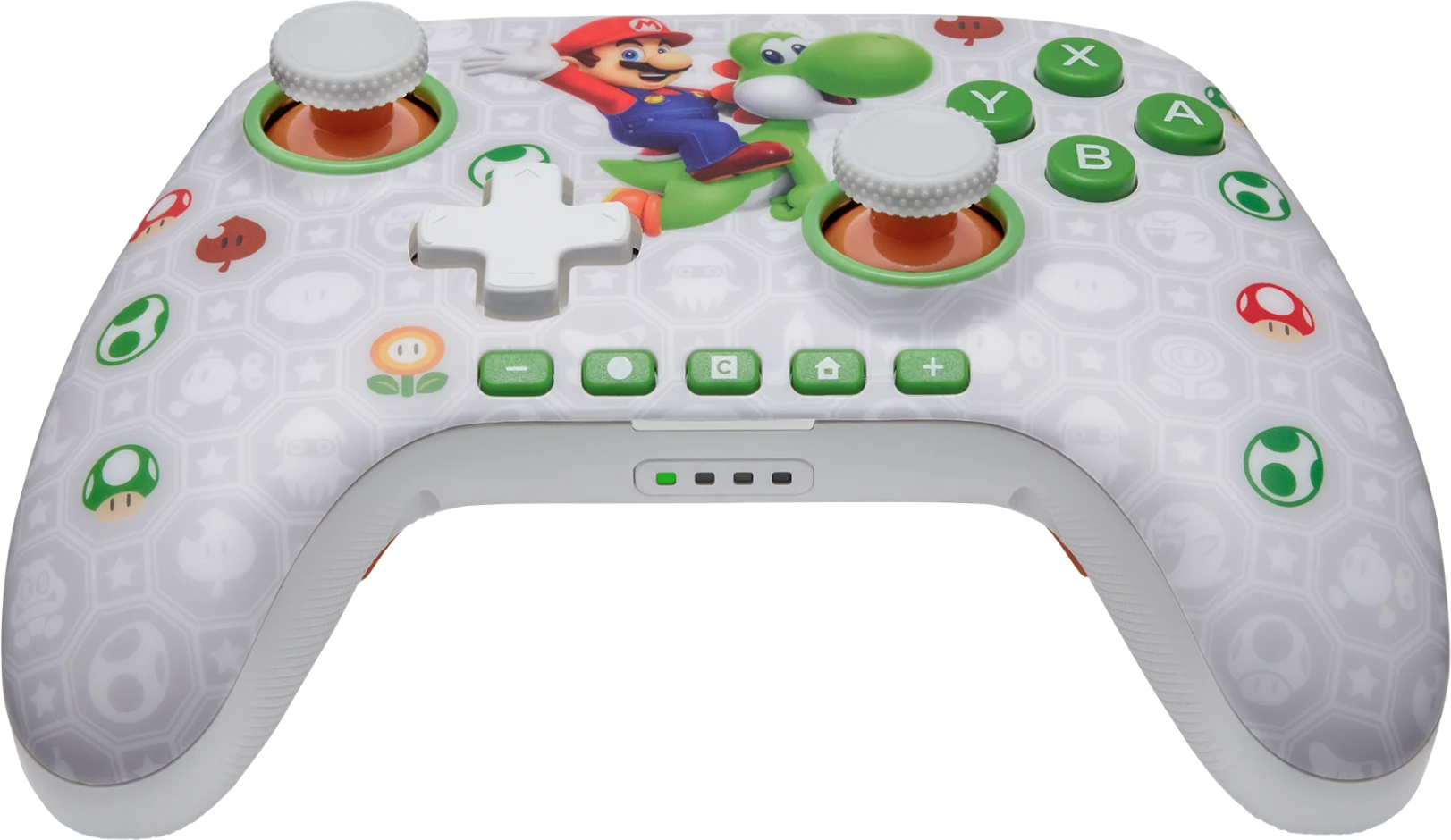 Fehér kontroller Mario és Yoshi mintával. Zöld gombok és fehér joytstickek.