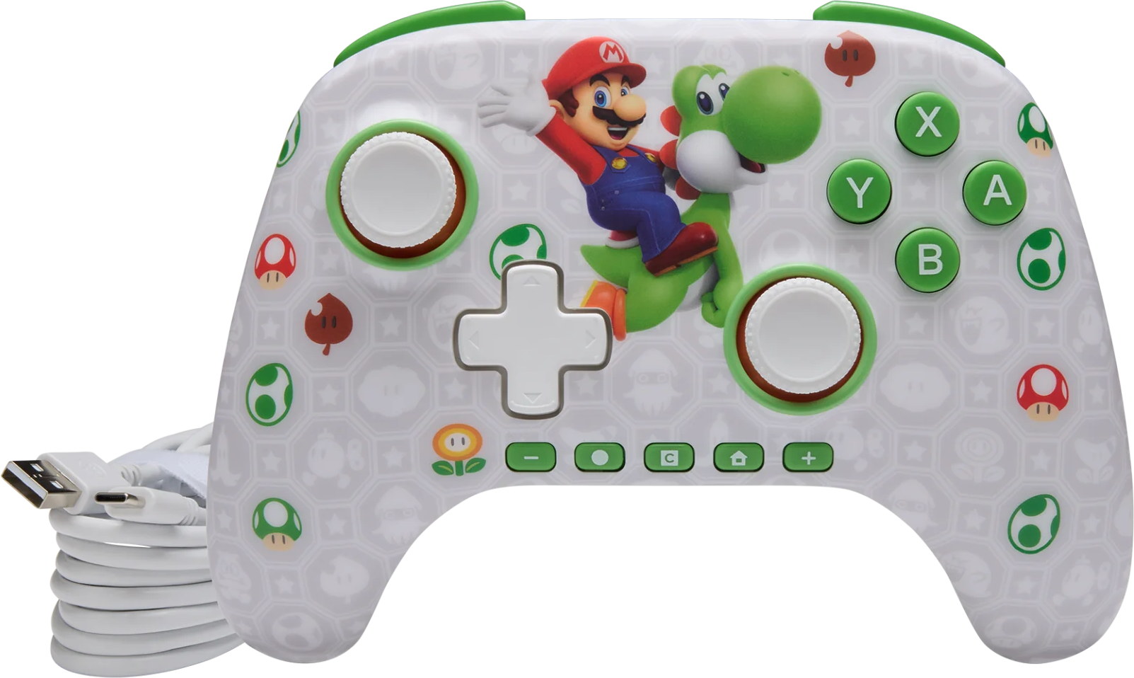 Fehér kontrolleren Mario és Yoshi, játékk ikonokkal díszítve.
