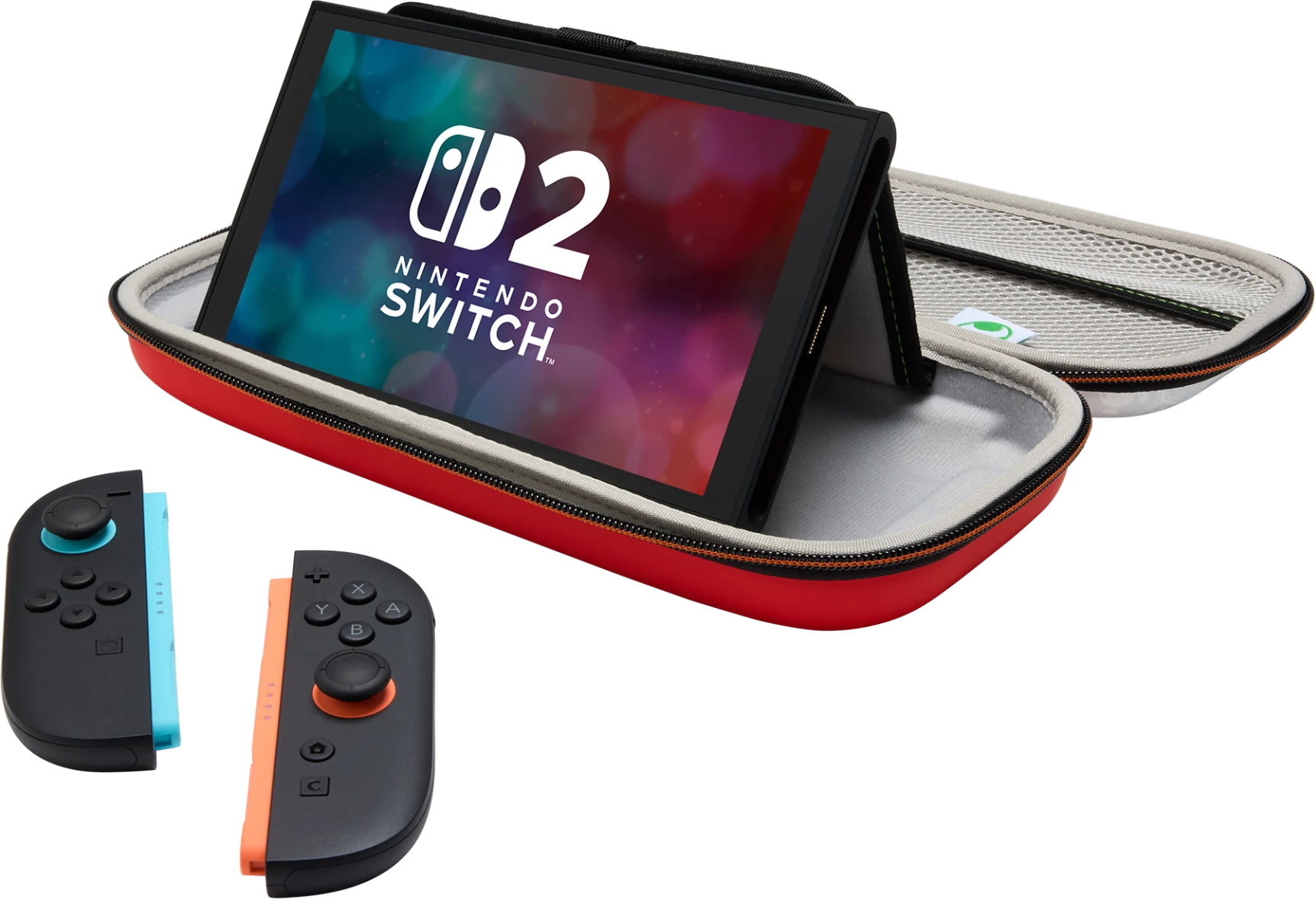 Nintendo Switch konzol piros tokban, különálló kék és narancssárga Joy-Con kontrollerekkel.