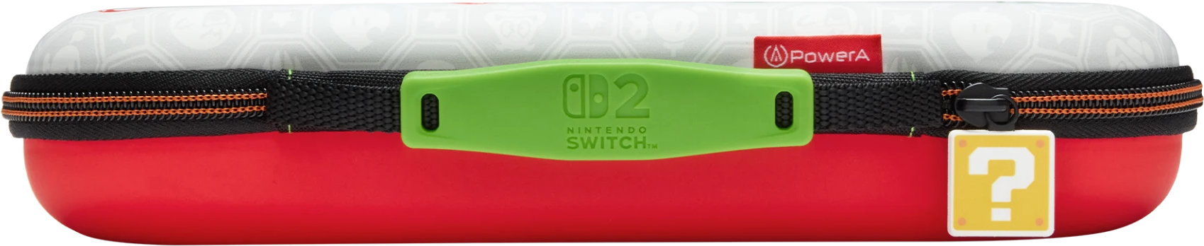 Piros Nintendo Switch tok fehér mintával, zöld füllel és kérdőjel medállal.