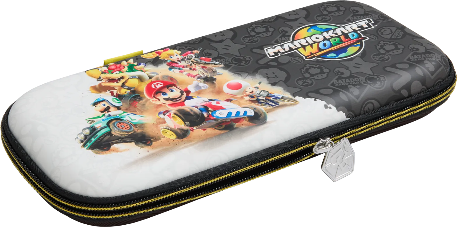 Mario Kart tok színes gokartokban versenyző karakterekkel.