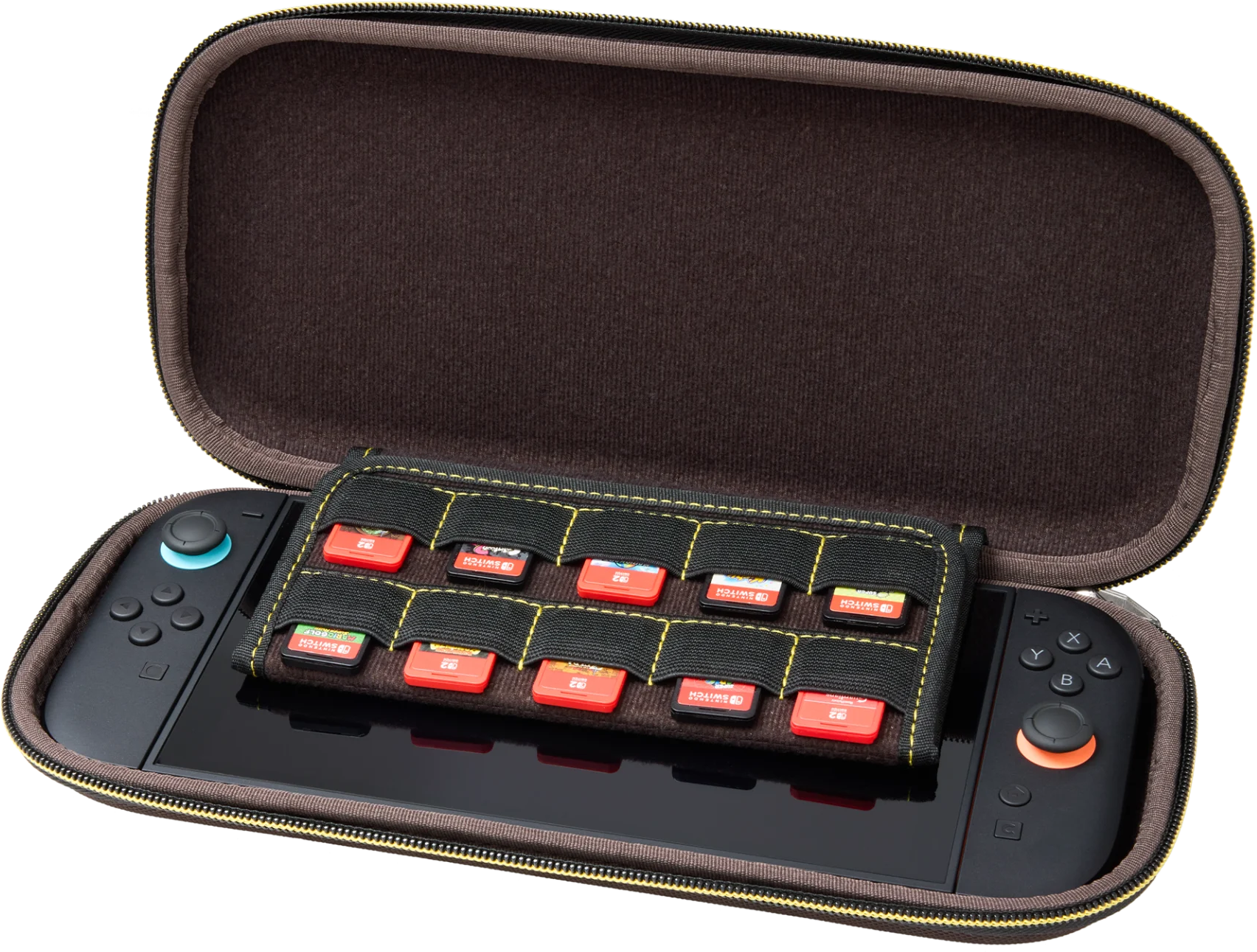 Egy Nintendo Switch nyitott tokban, 10 játékkártya tartóval.