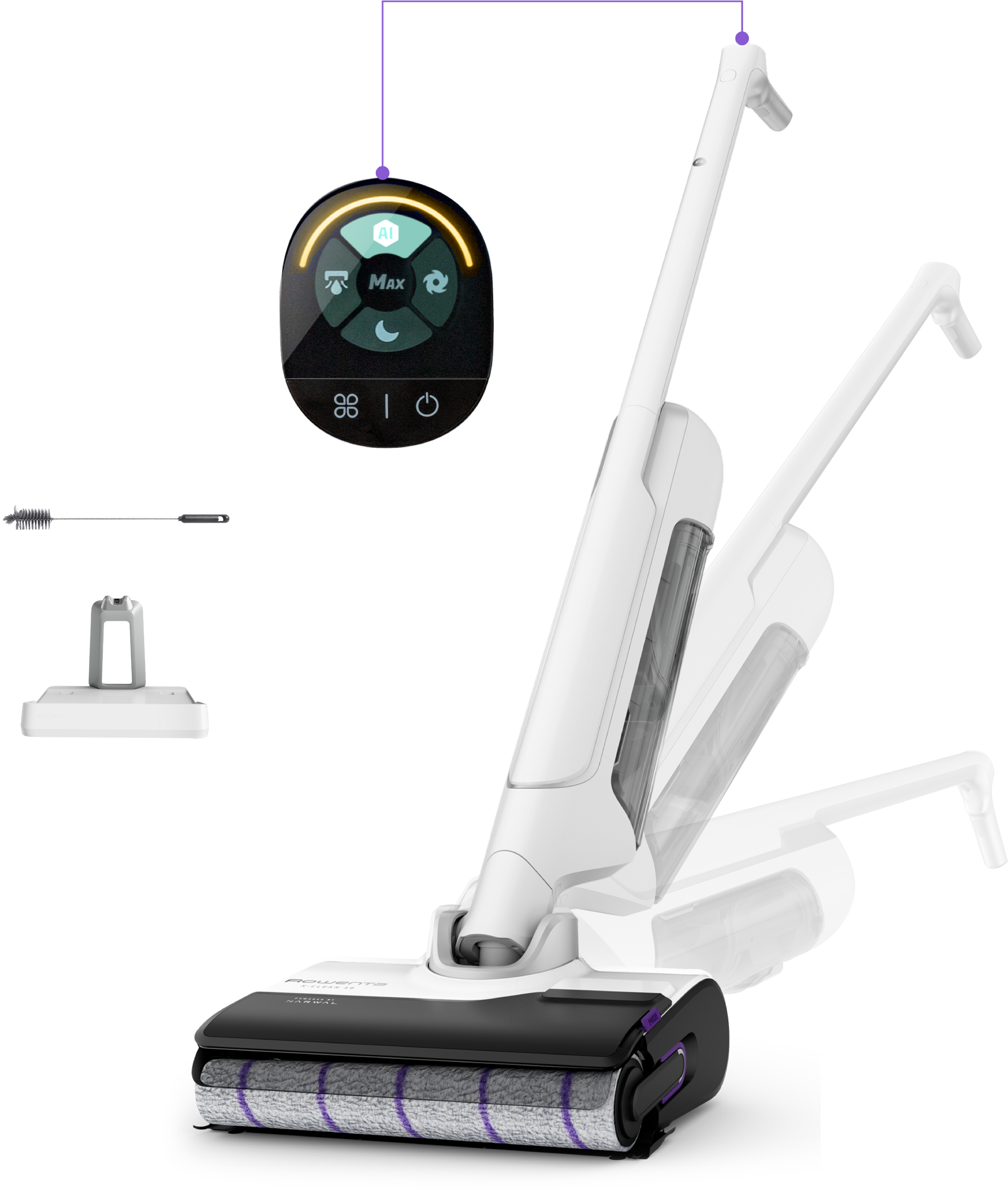 Un aspirateur eau et poussière blanc avec écran numérique, brosse et station de charge.