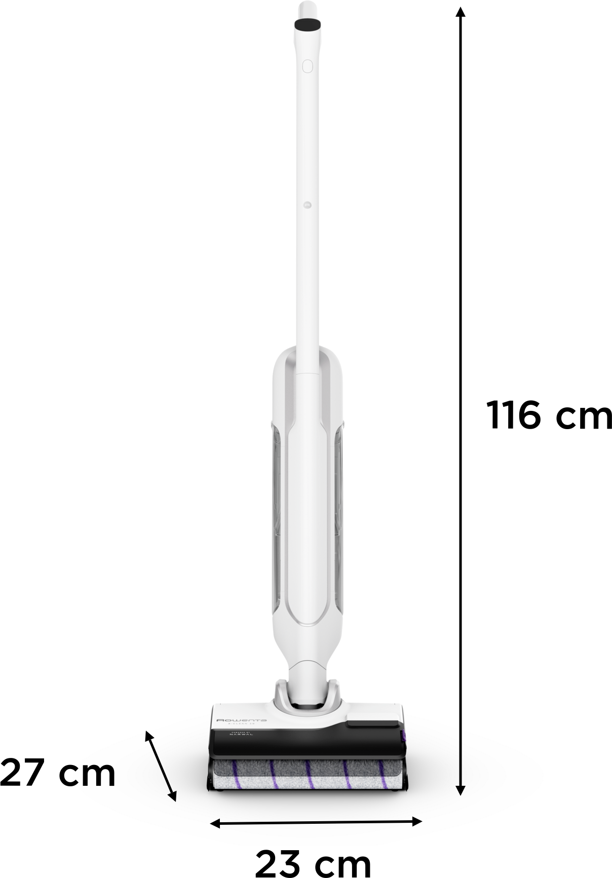 Un nettoyeur de sol blanc, haut de 116 cm et large de 23 cm.