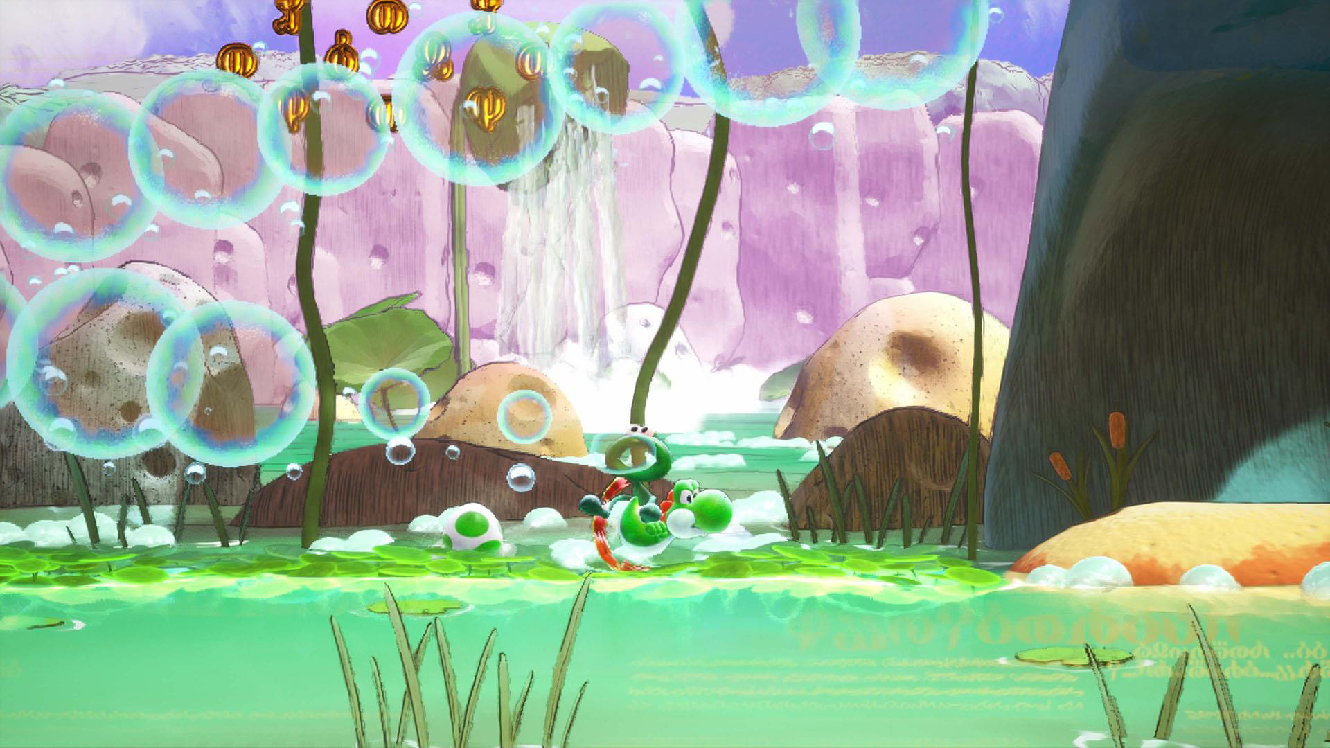 Yoshi schwimmt in einem grünen Wasser, umgeben von Blasen und Felsen.