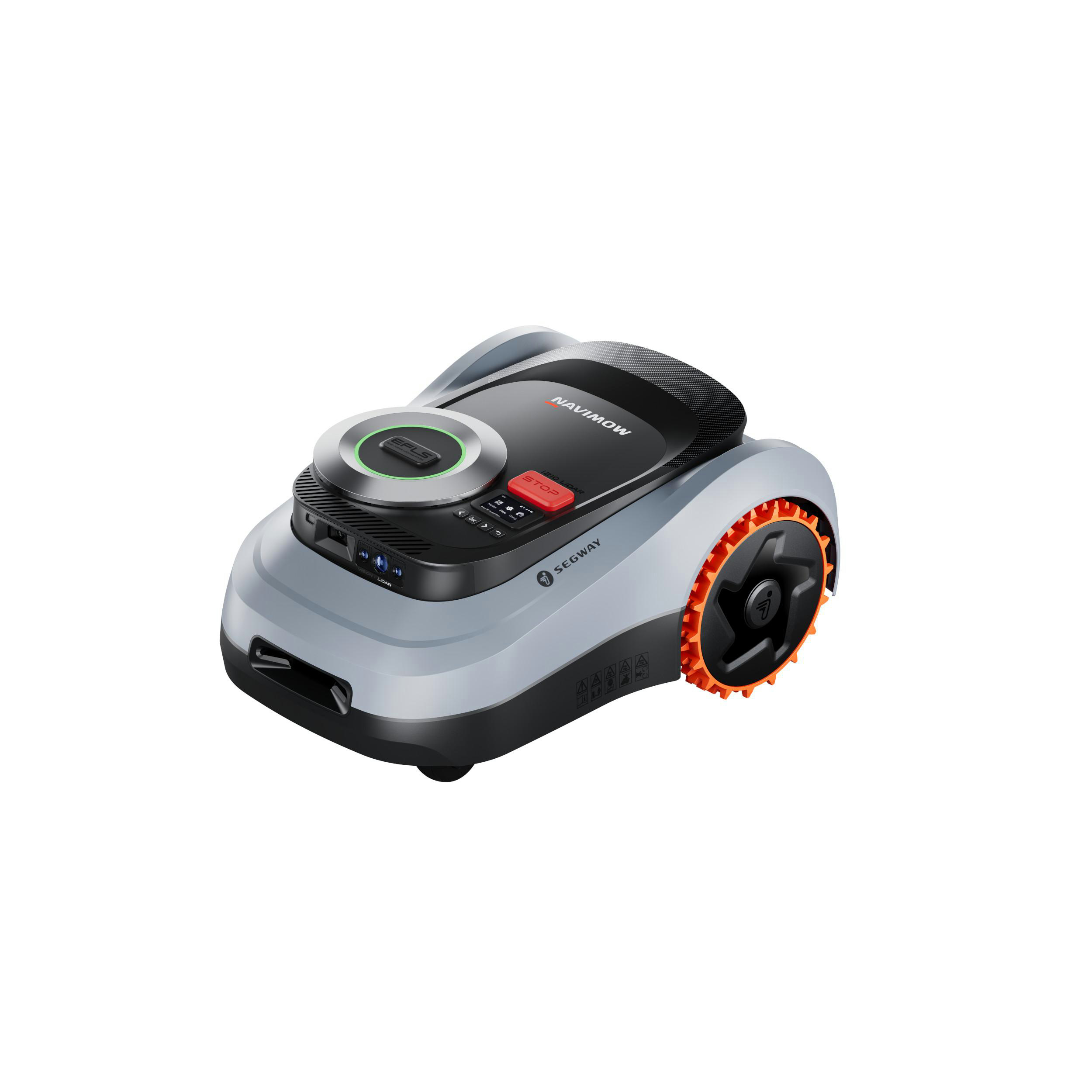 Ein grauer Mähroboter mit orangefarbenem Rad und schwarzem Bedienfeld.
