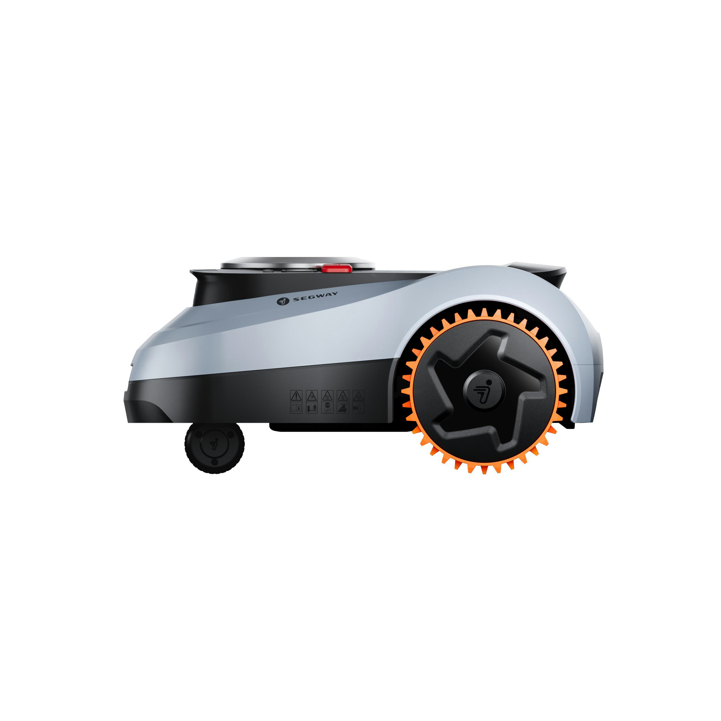 Ein silberner und schwarzer Rasenmähroboter mit orangefarbenem Rad.