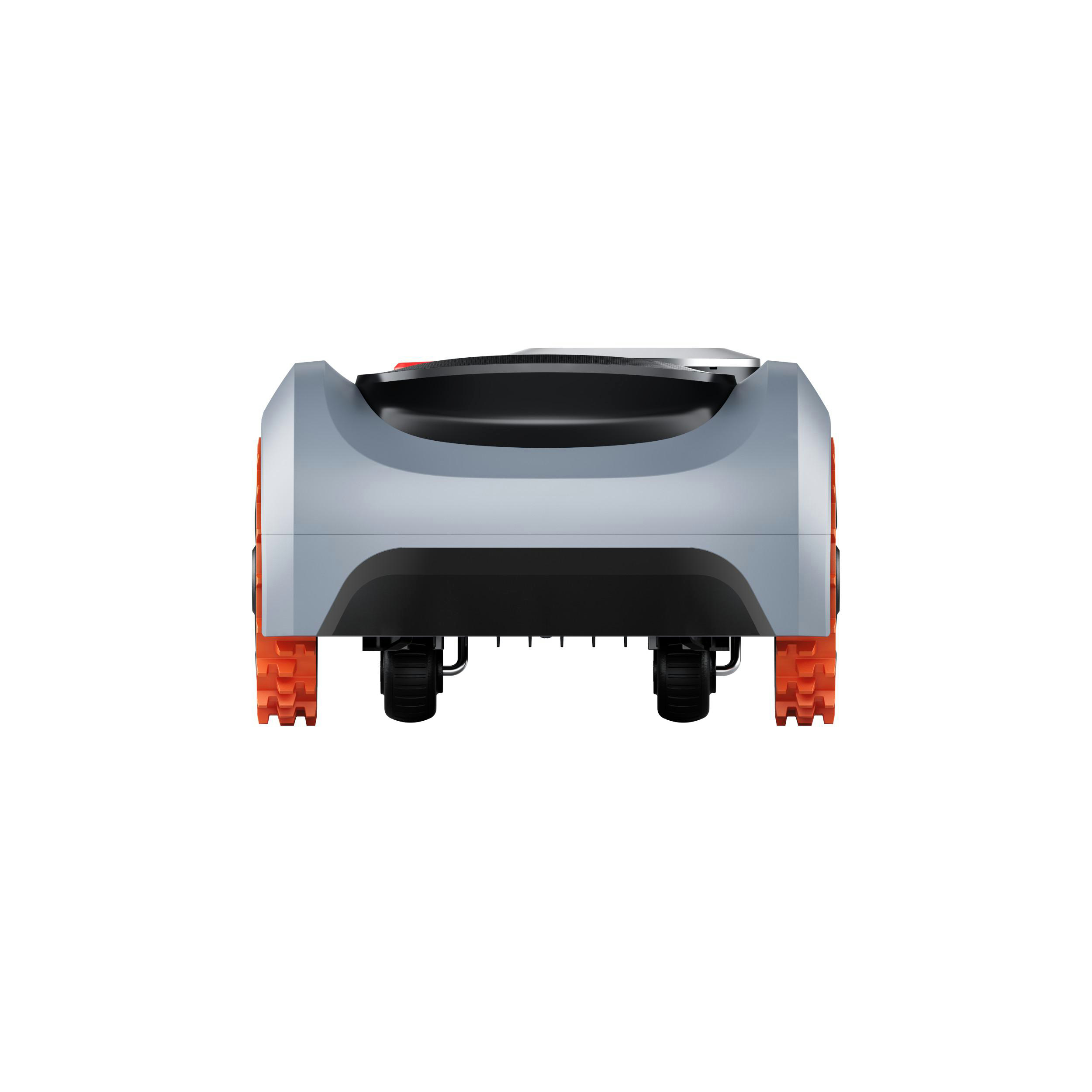 Ein grauer Mähroboter mit orangefarbenen Rädern auf weißem Hintergrund.