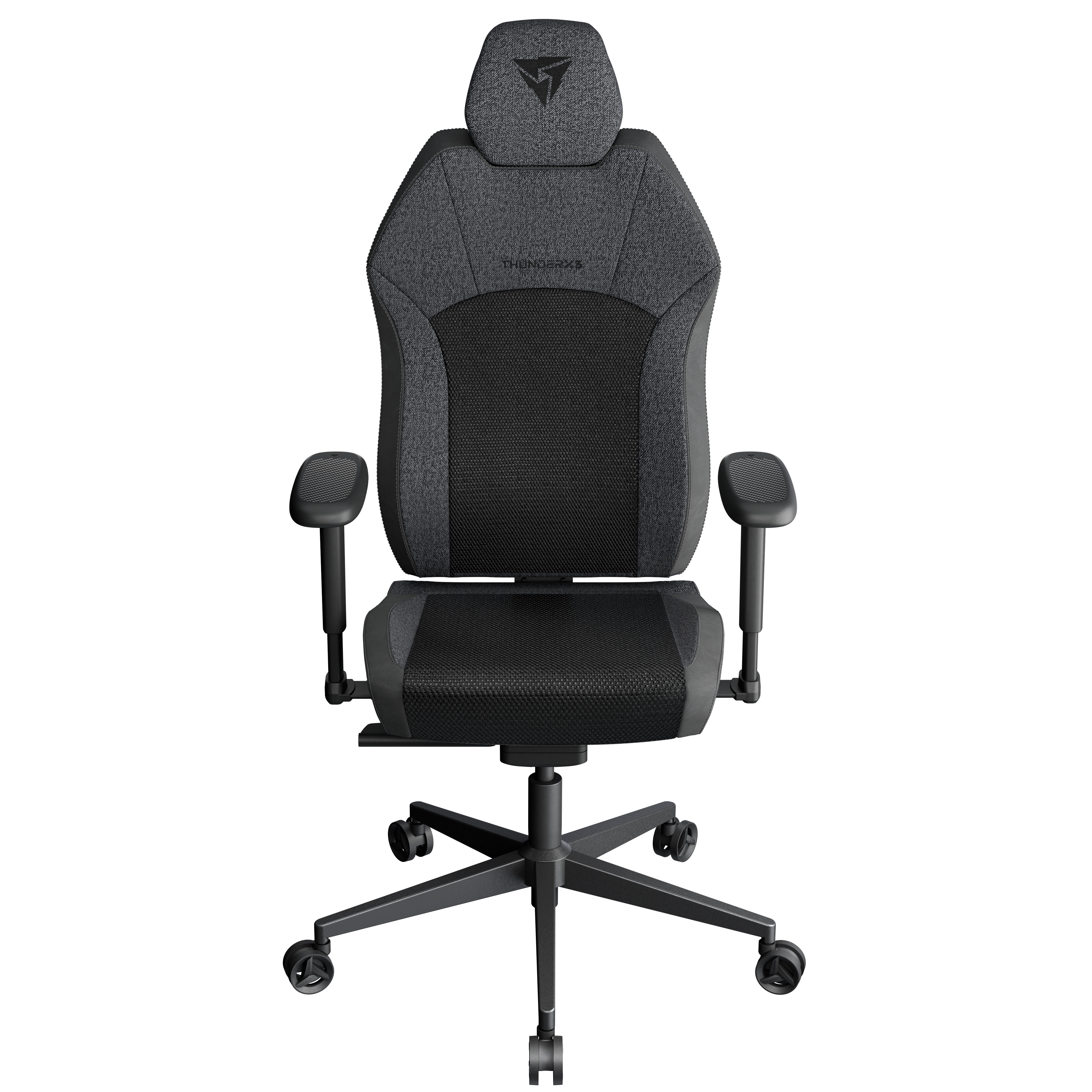 Ein schwarzer Gaming-Stuhl mit grauem Stoff und Kopfstütze mit Logo.