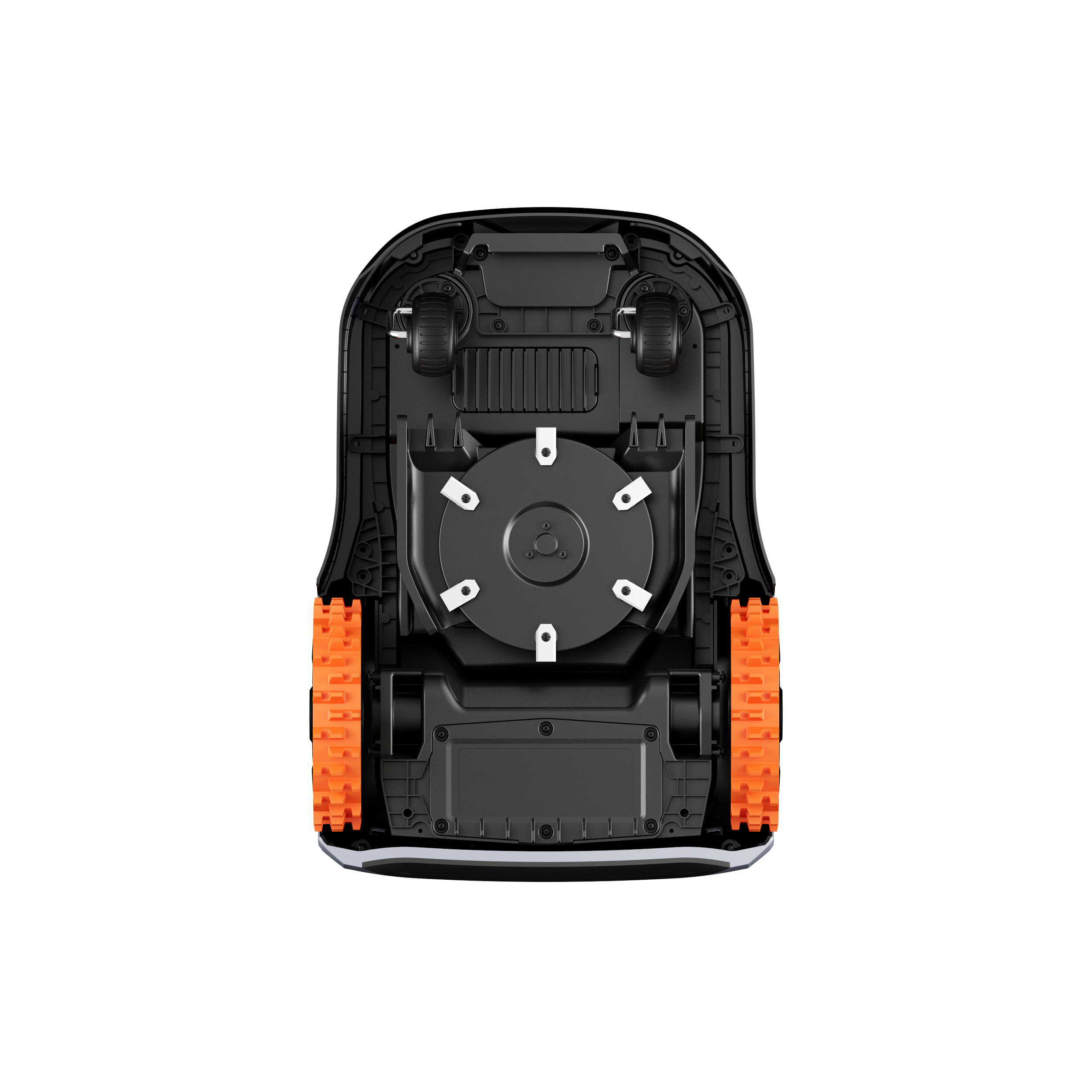 Unterseite eines Mähroboters mit Rädern, Motor und Klingen.