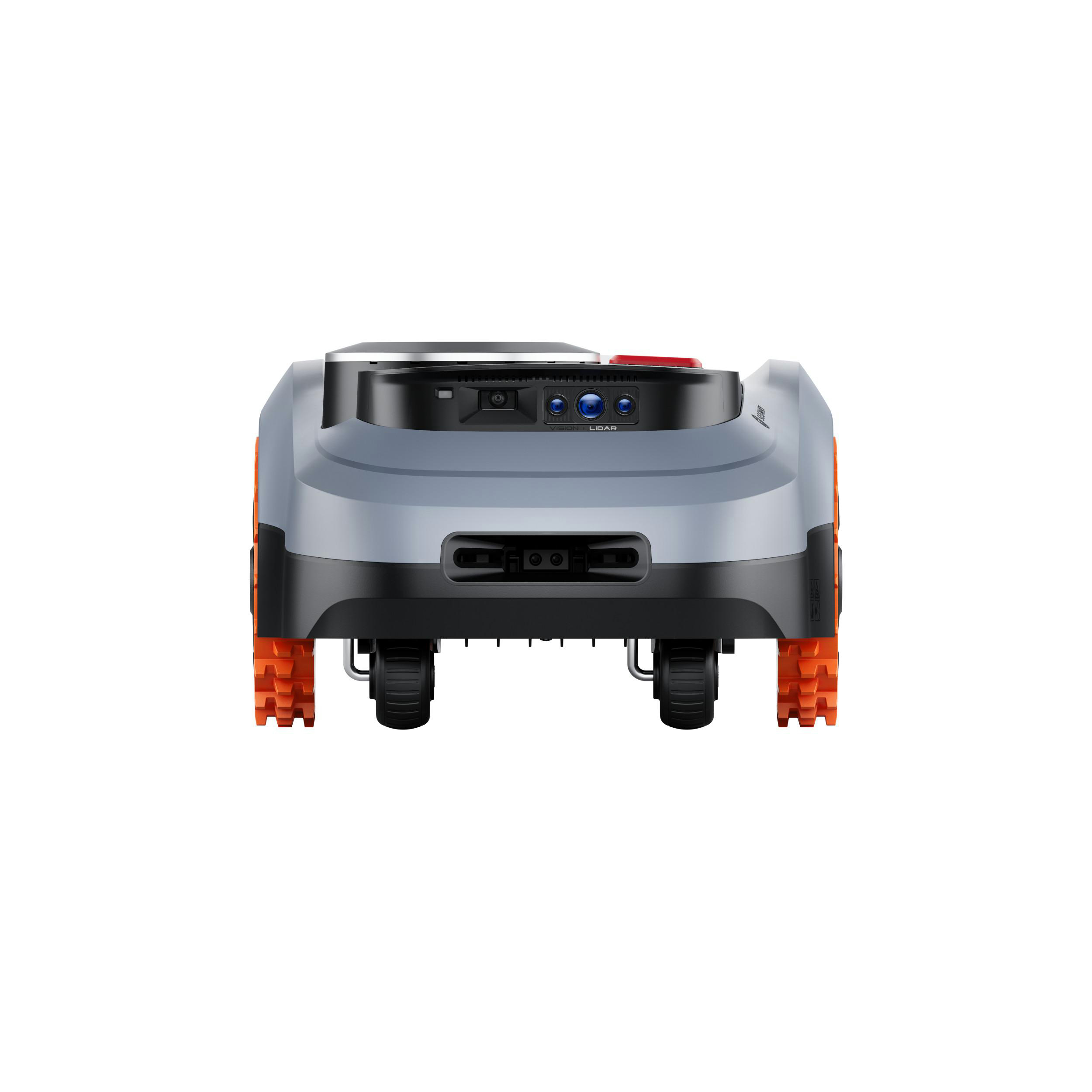 Ein grauer Mähroboter mit orangen Rädern und Kameras vorn.