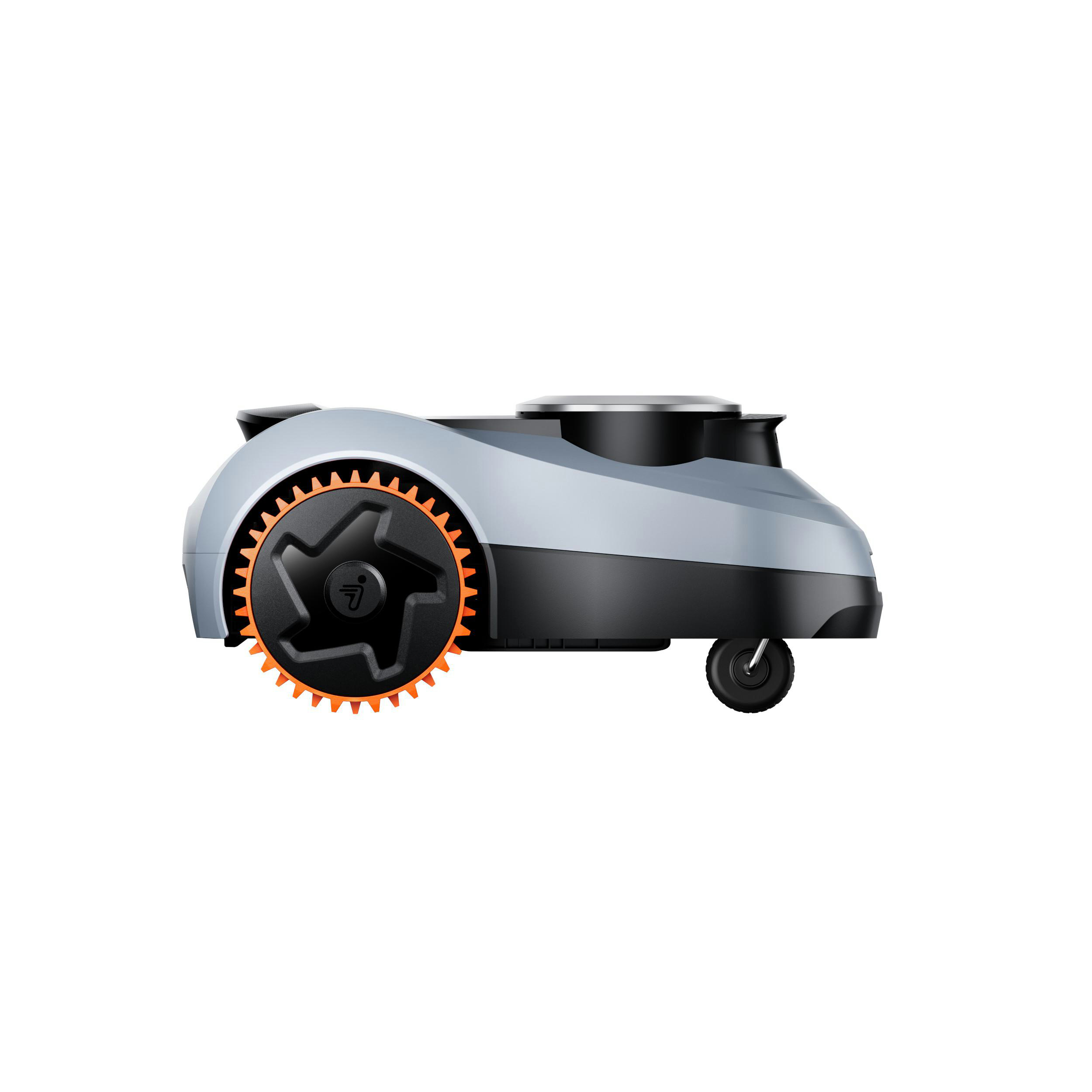 Ein grauer Mähroboter mit schwarzen und orangen Akzenten steht auf weißem Grund.