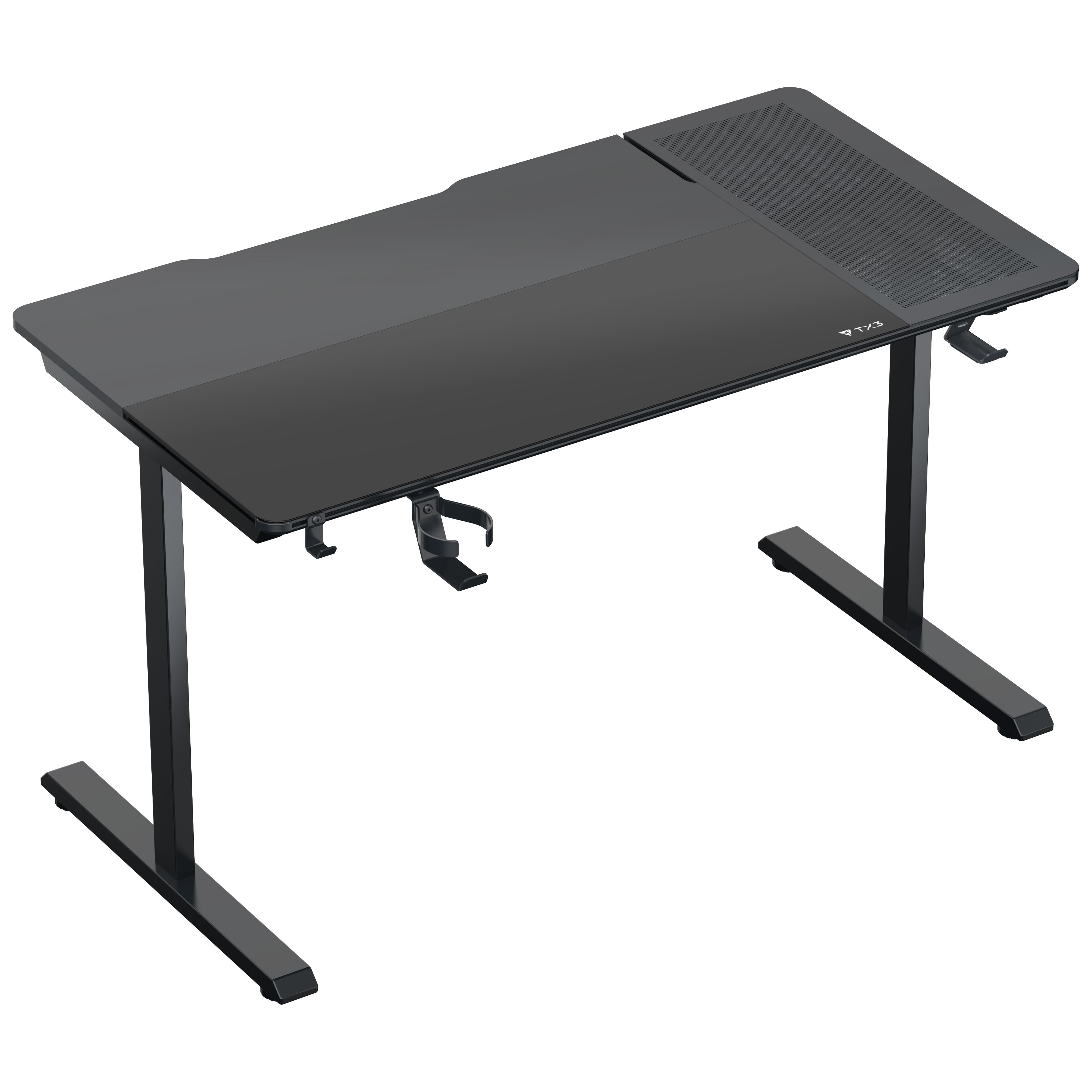 Schwarzer Schreibtisch mit verstellbarem Gestell und Kopfhörerhalterung.