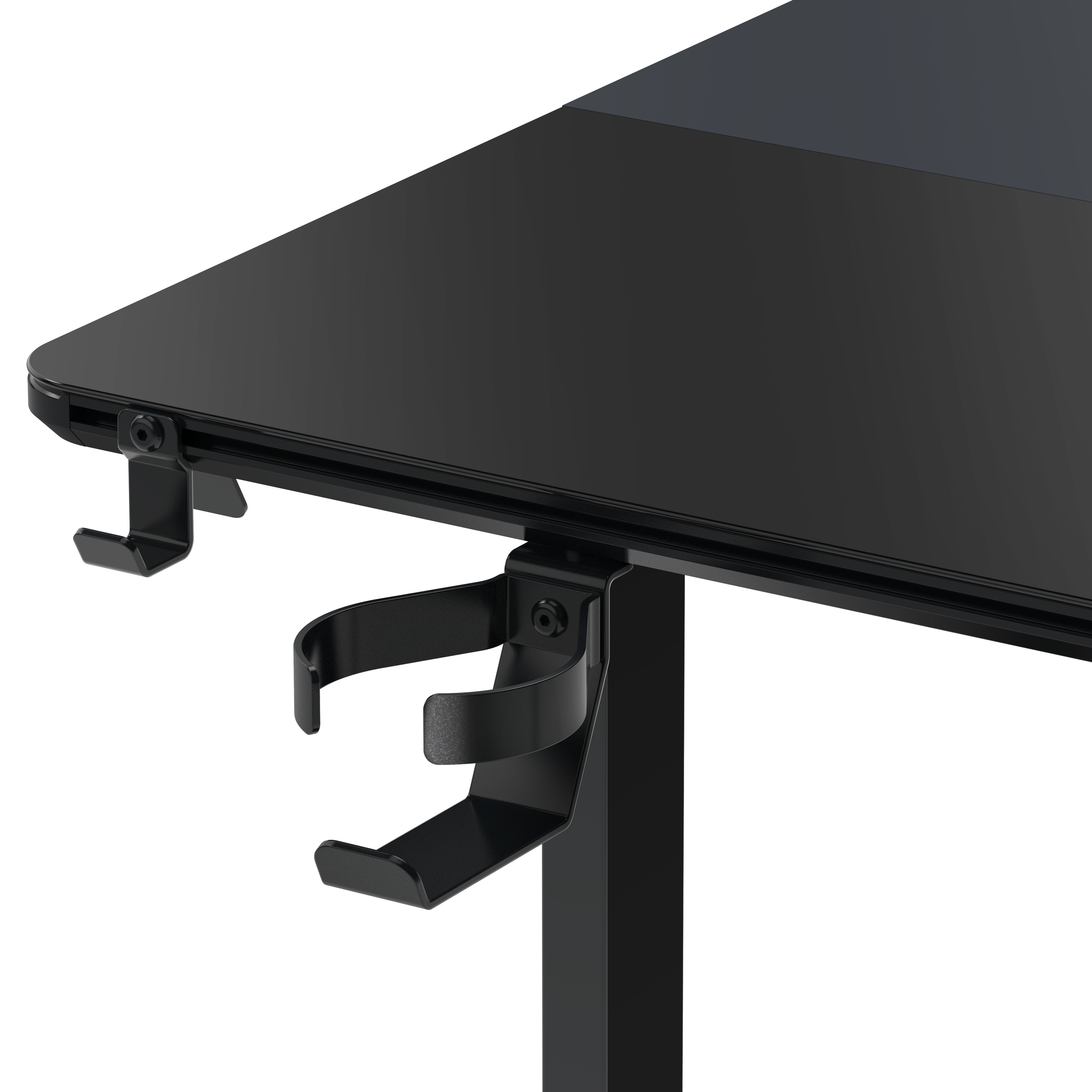 Schwarzer Schreibtisch mit Haken für Kopfhörer oder Kabel.