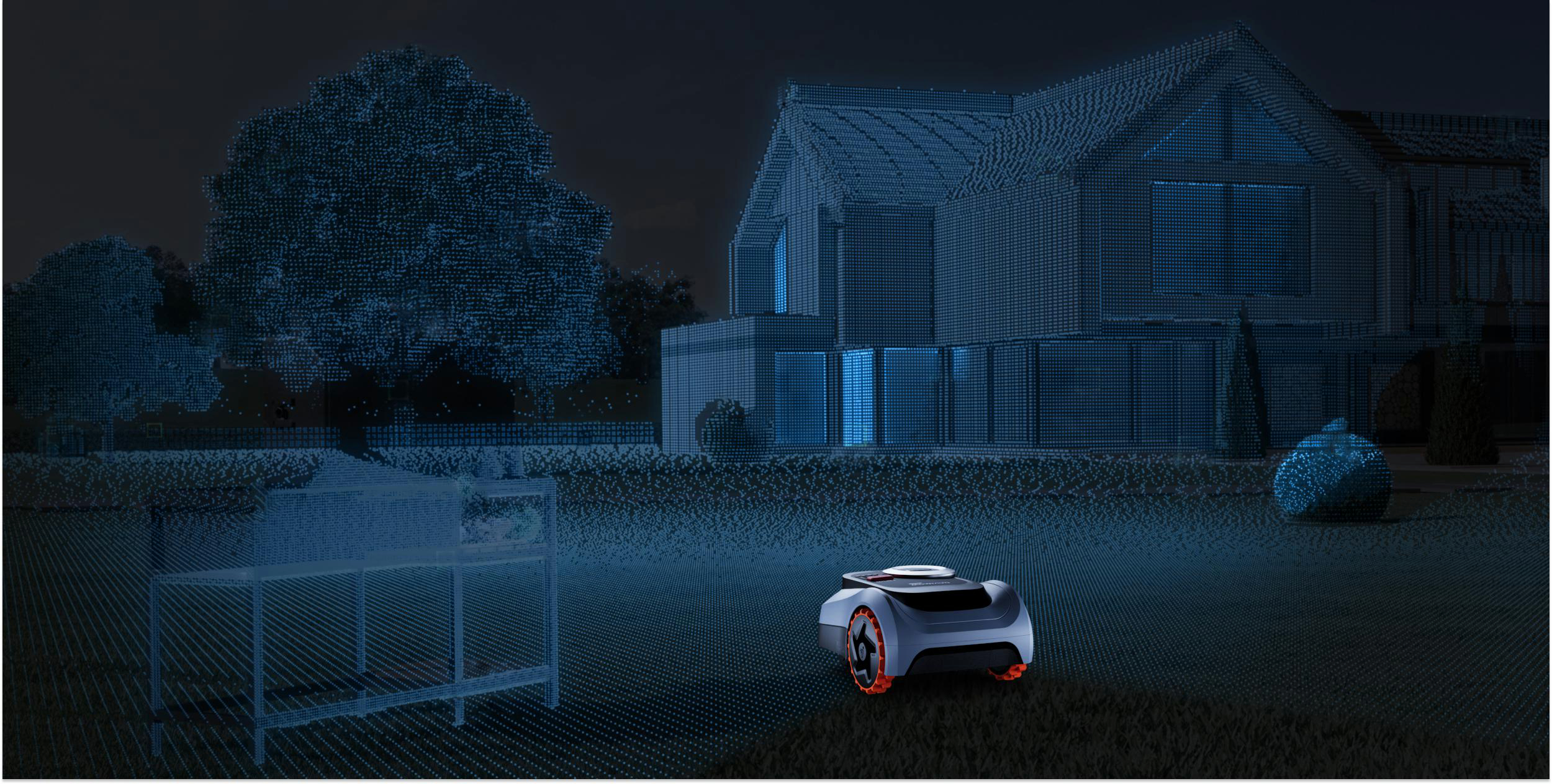 Ein Rasenmähroboter steht auf einem Rasen vor einem Haus und einem Baum.