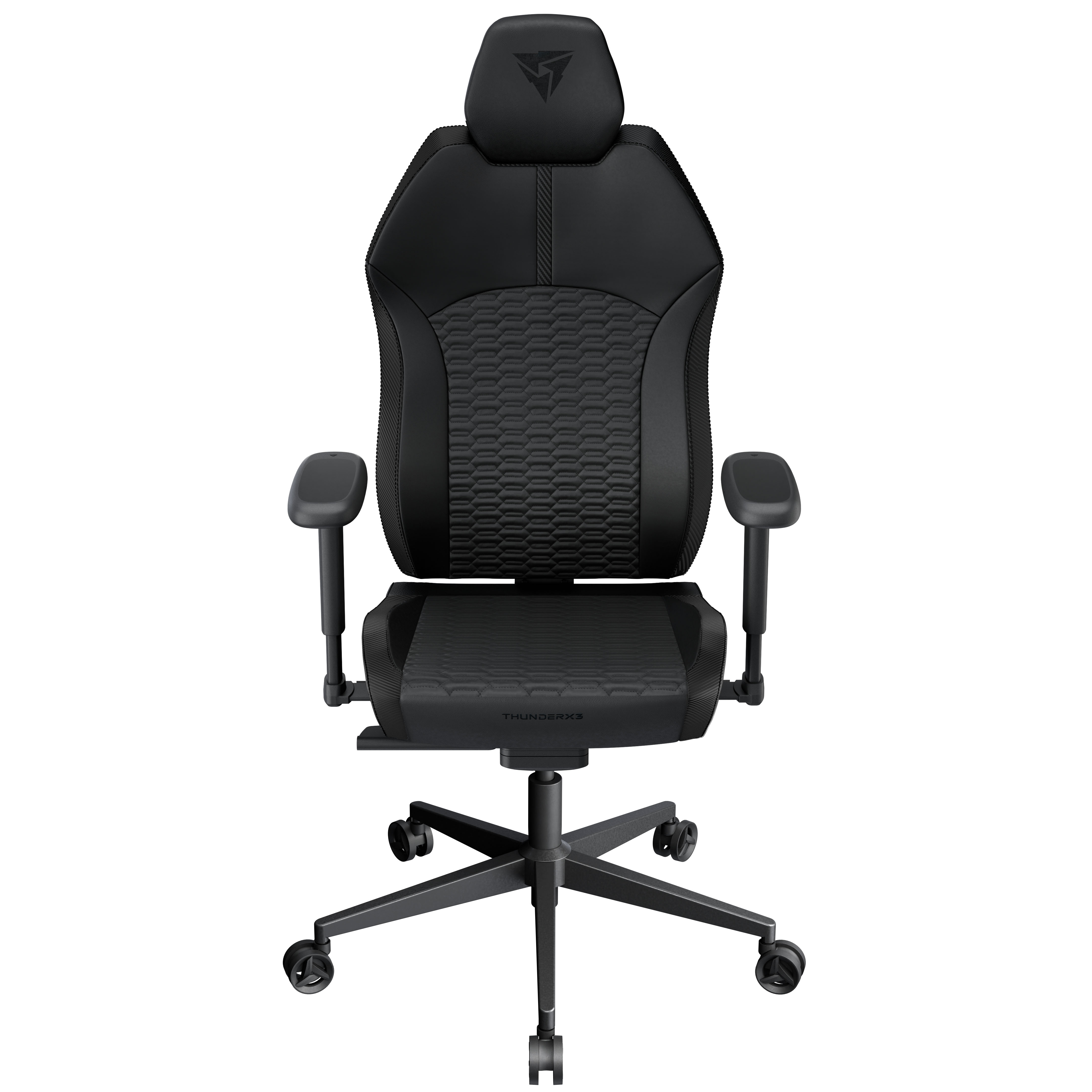 Ein schwarzer Gaming-Stuhl mit Kopfstütze, Armlehnen und Rollen.