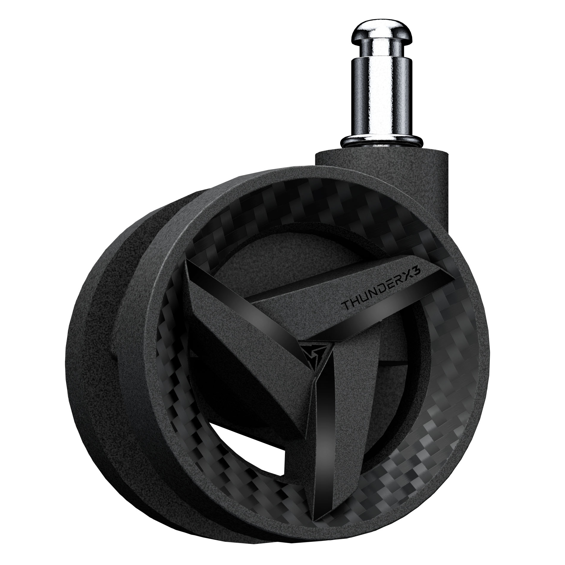 Schwarzes Rad mit silbernem Stiel, "THUNDERX3"-Logo.