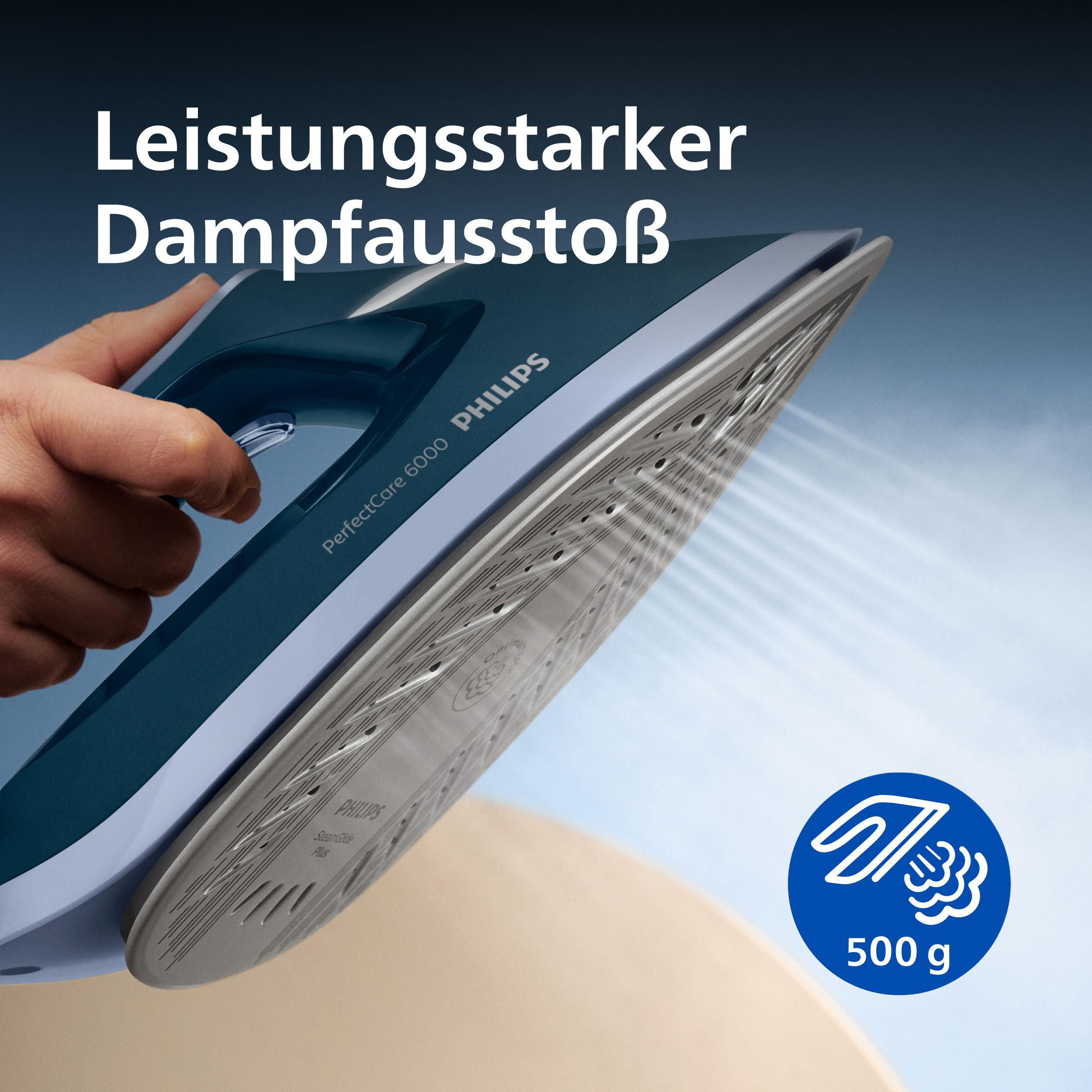 Dampfbügeleisen mit starkem Dampfausstoß, von Hand gehalten, mit 500g-Symbol.