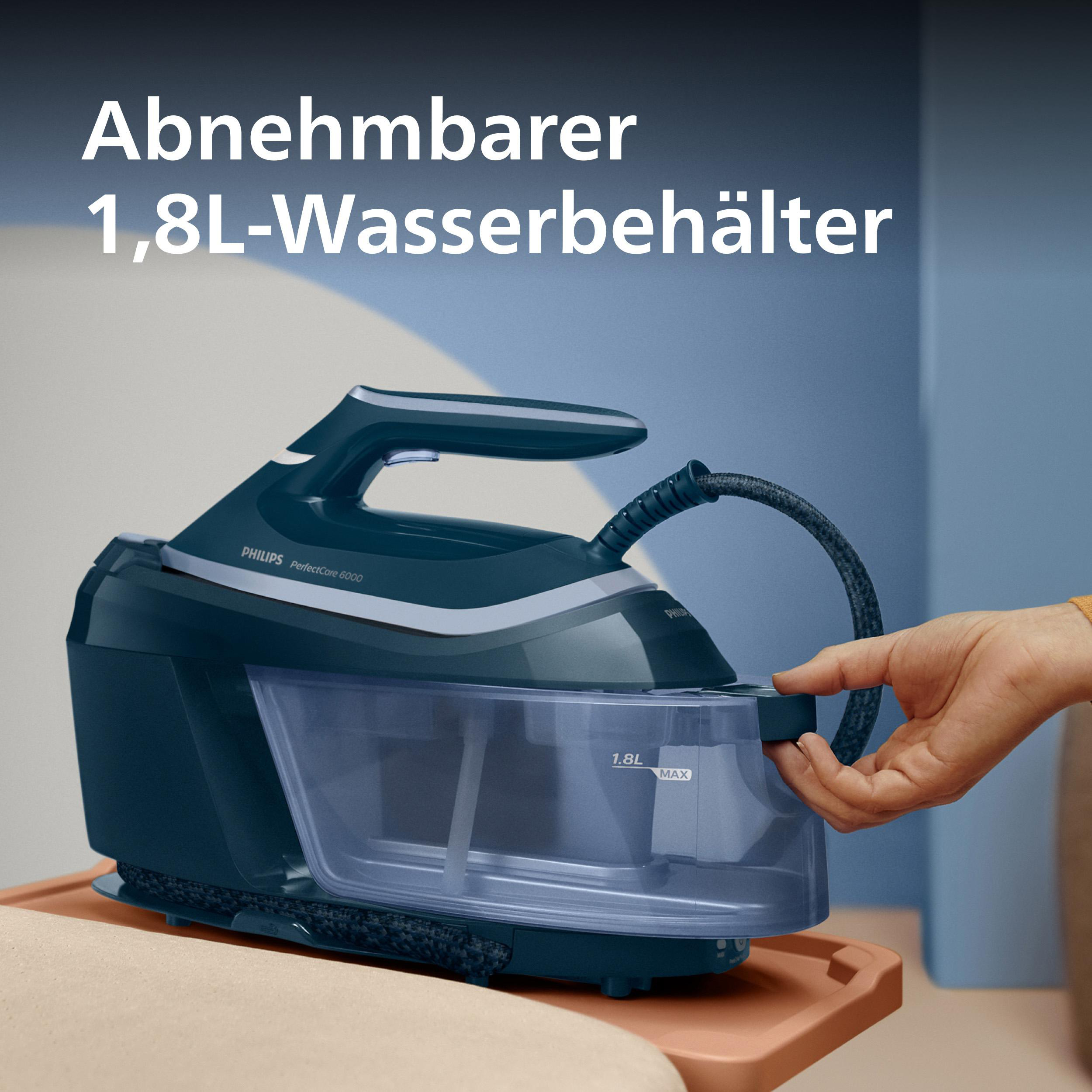 Dampfbügeleisen mit abnehmbarem 1,8L-Wassertank, das von einer Hand bedient wird.