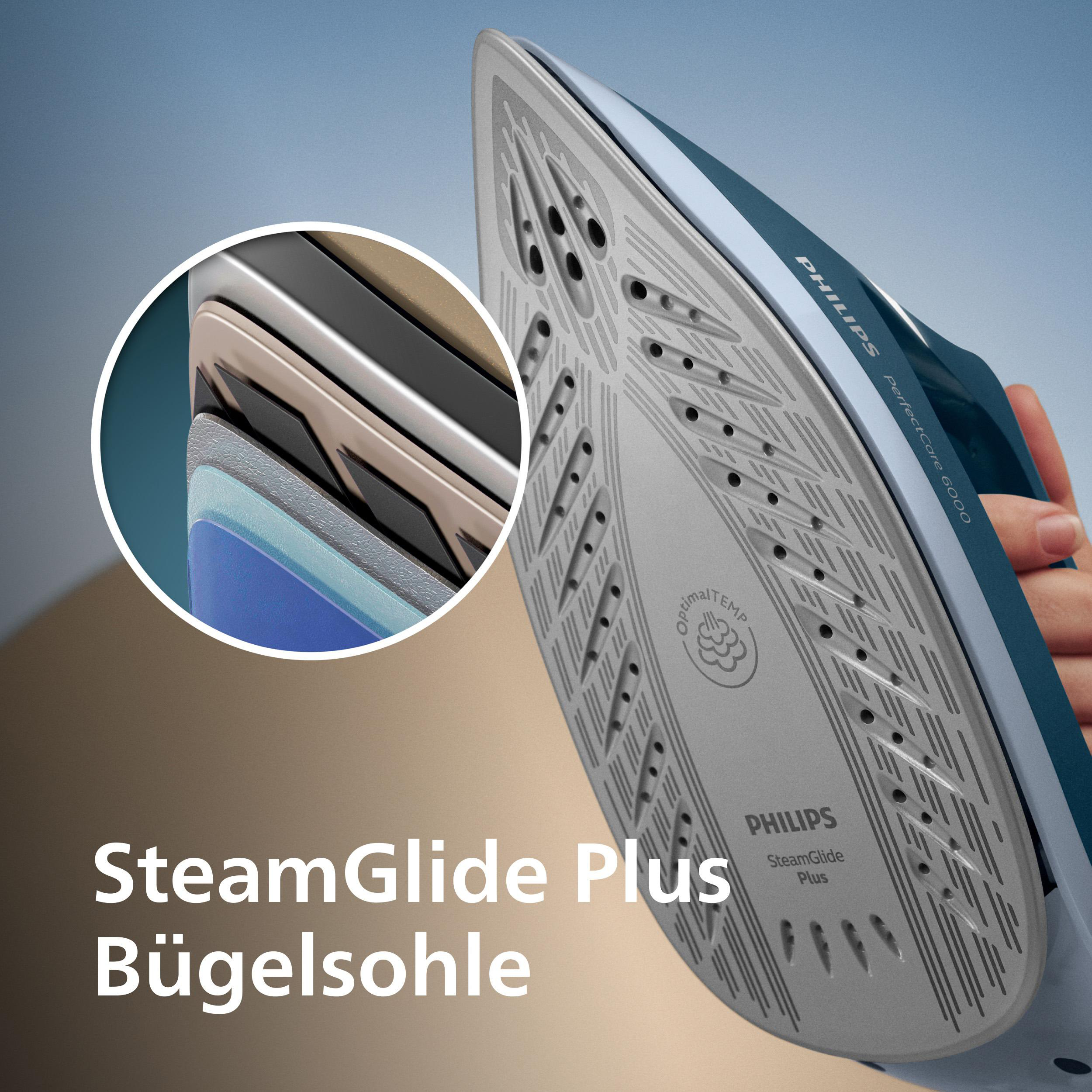 Detailaufnahme einer blauen Philips Bügelsohle mit Dampfaustrittslöchern.