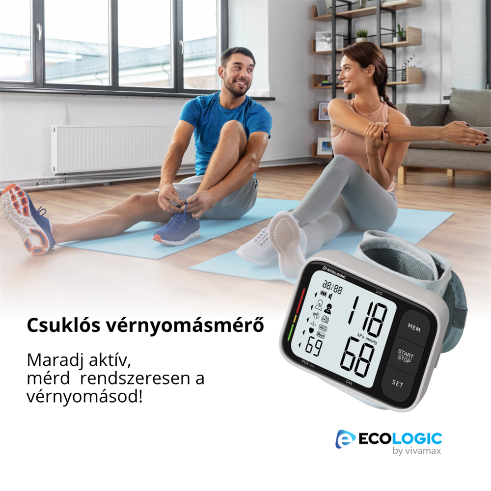 Férfi cipőt köt, nő nyújtózik, csuklós vérnyomásmérő az előtérben.