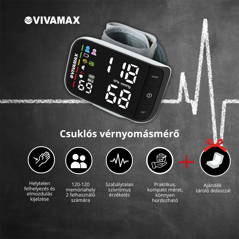 Vivamax csuklós vérnyomásmérő kijelzővel és EKG vonallal a háttérben.