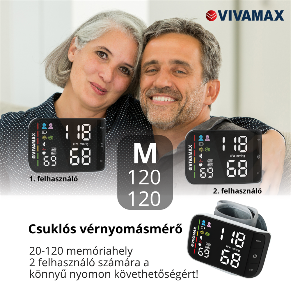 Egy férfi és egy nő mosolyog; vérnyomásmérők láthatók a közelben.