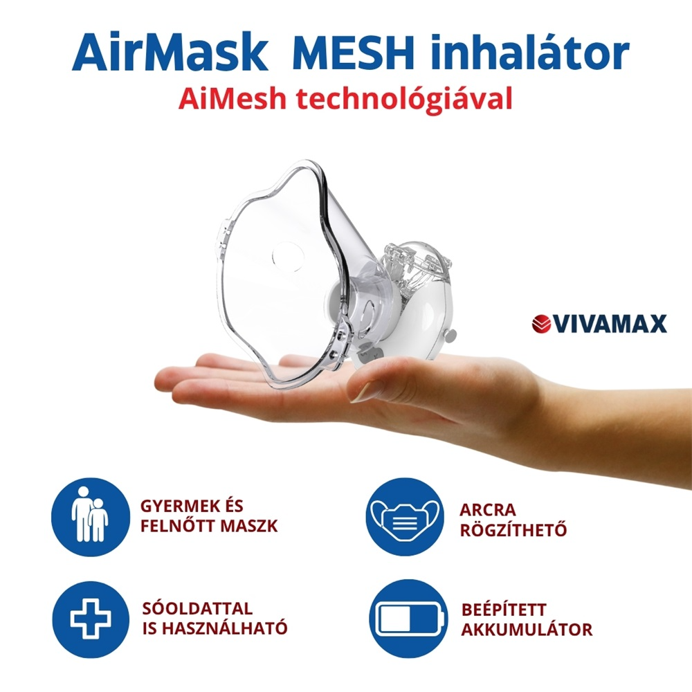 AirMask MESH inhalátor kézben. Gyermek/felnőtt, fiziológiás sóoldat, maszk, akkumulátor.