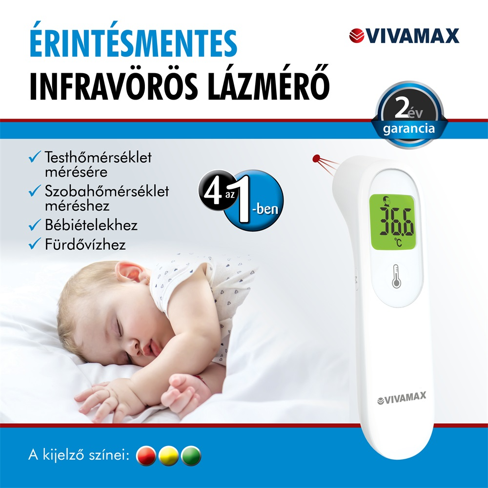 Fehér infravörös hőmérő 36.6C-ot mutat egy alvó csecsemő mellett.