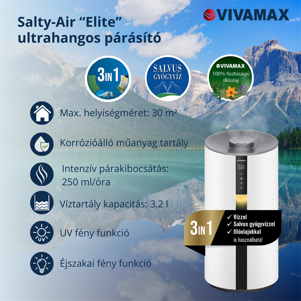 Párásító "Salty-Air Elite" funkcióval, hegyi tó háttérrel.