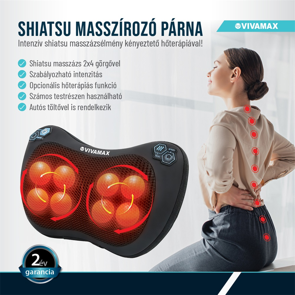 Shiatsu masszázspárna piros masszírozó gömbökkel és hátat masszírozó nővel.