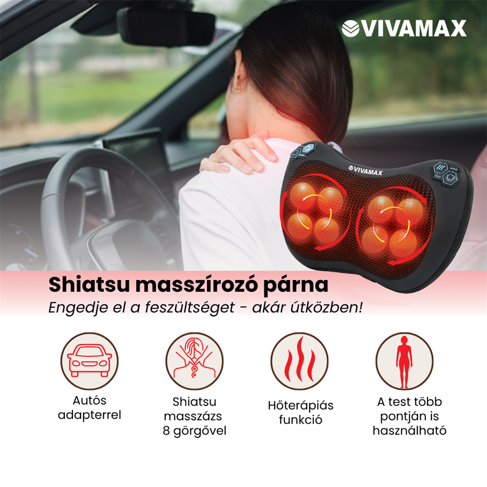 Egy nő az autóban Shiatsu nyakmasszírozót használ.
