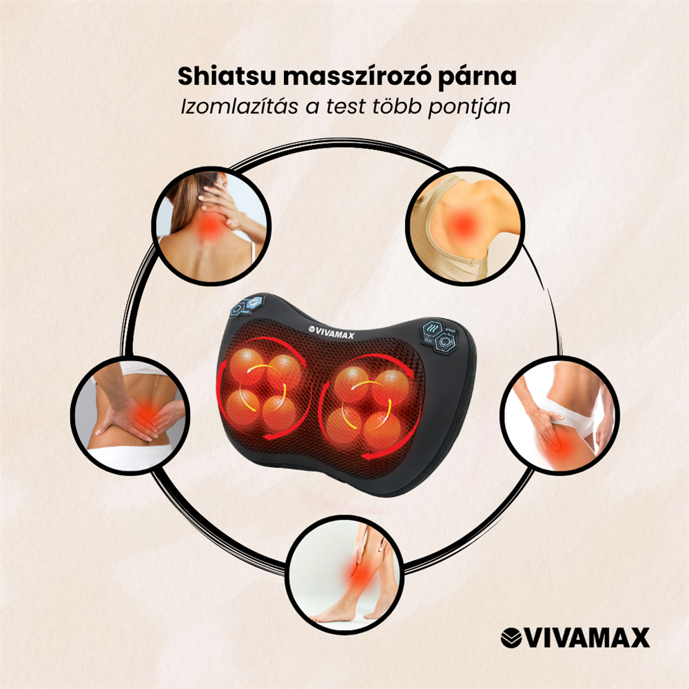 Shiatsu masszírozó párna forgó golyókkal, fájdalmas testrészeket mutatva.