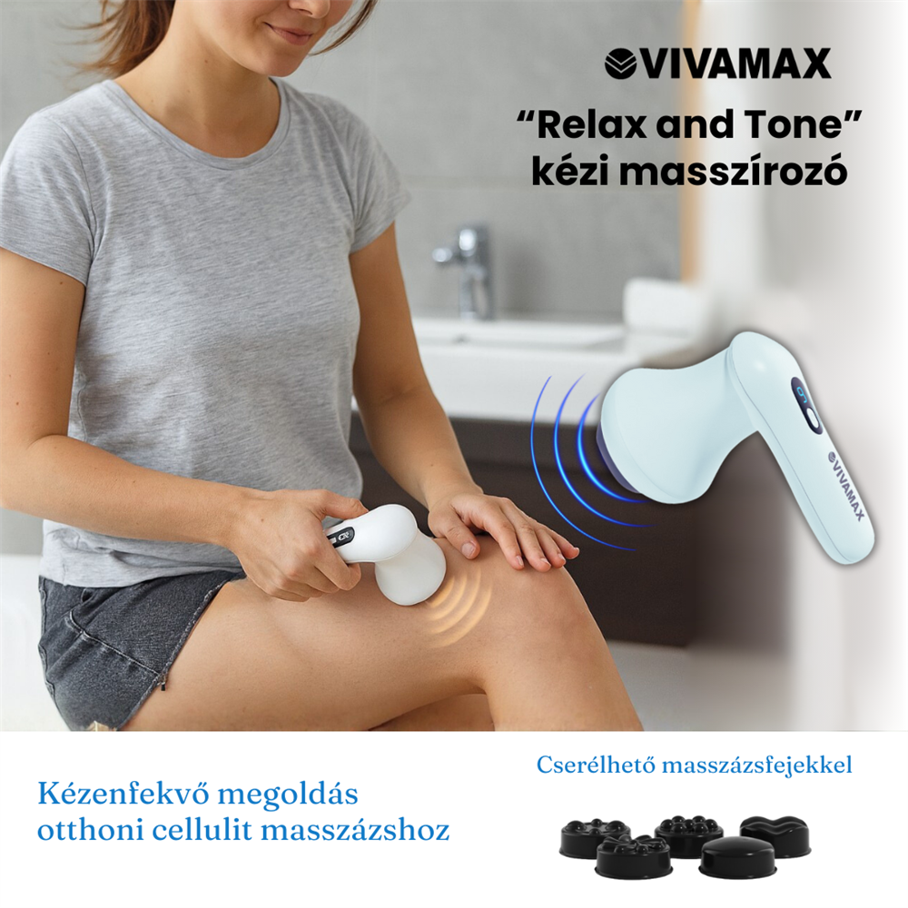 Egy nő fehér kézi masszírozót használ a lábán. Több fej is van a közelben.