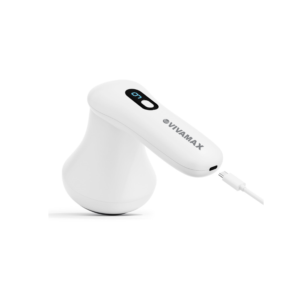Egy fehér VIVAMAX készülék USB-C porttal és kék kijelzővel.