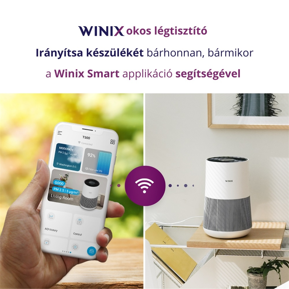Okostelefon légtisztító alkalmazással és levegőminőségi adatokkal. Winix légtisztító áll a polcon.
