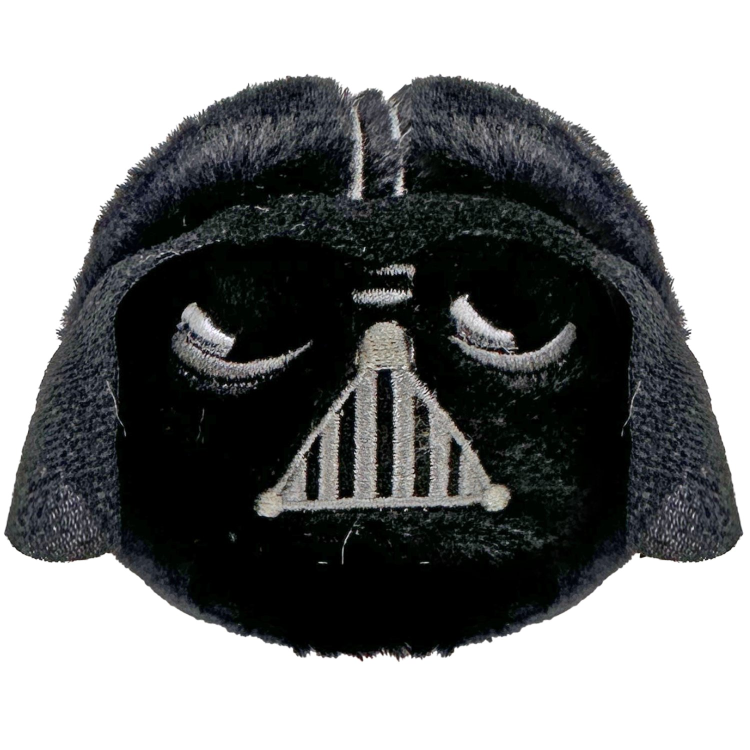 Ein flauschiger Darth Vader-Plüsch mit Helm und Maske auf weißem Hintergrund.