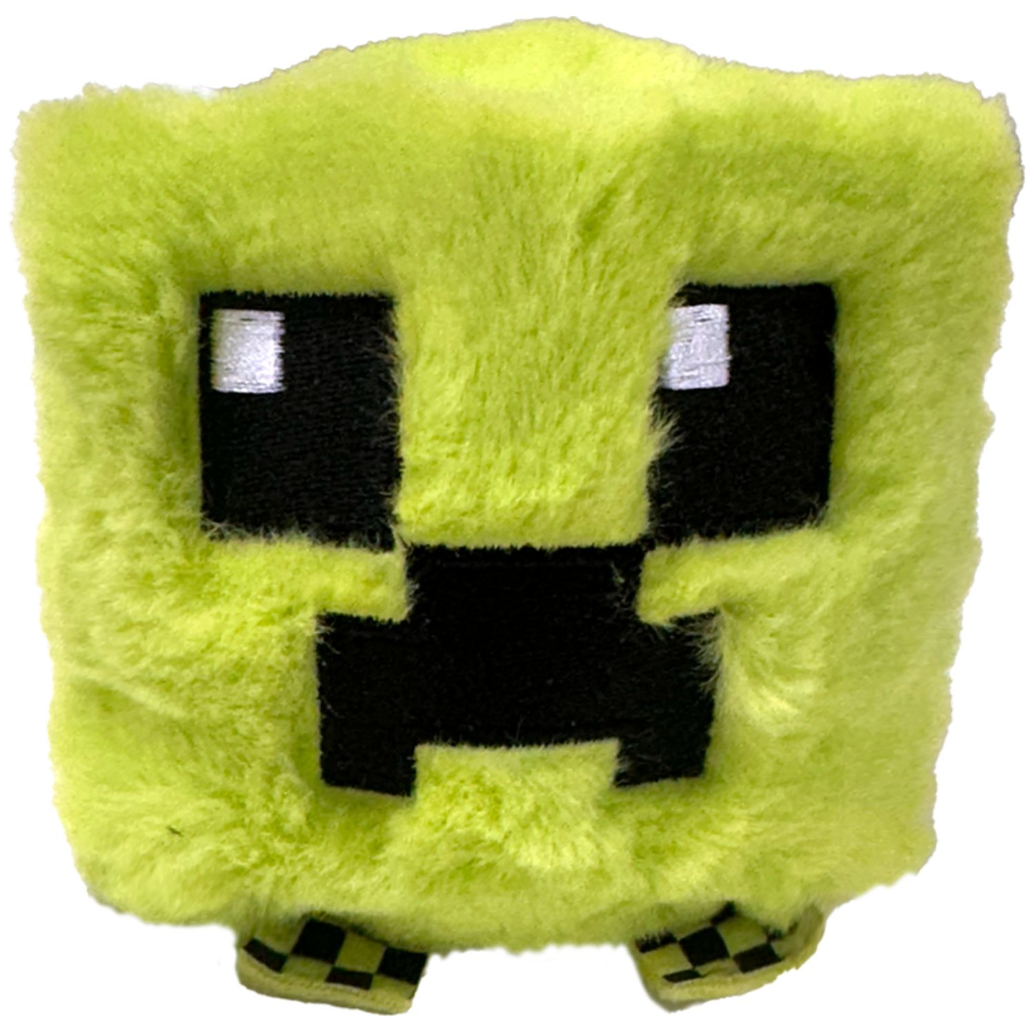 Ein flauschiges, hellgrünes Stofftier mit schwarzen Pixelaugen und Mund.