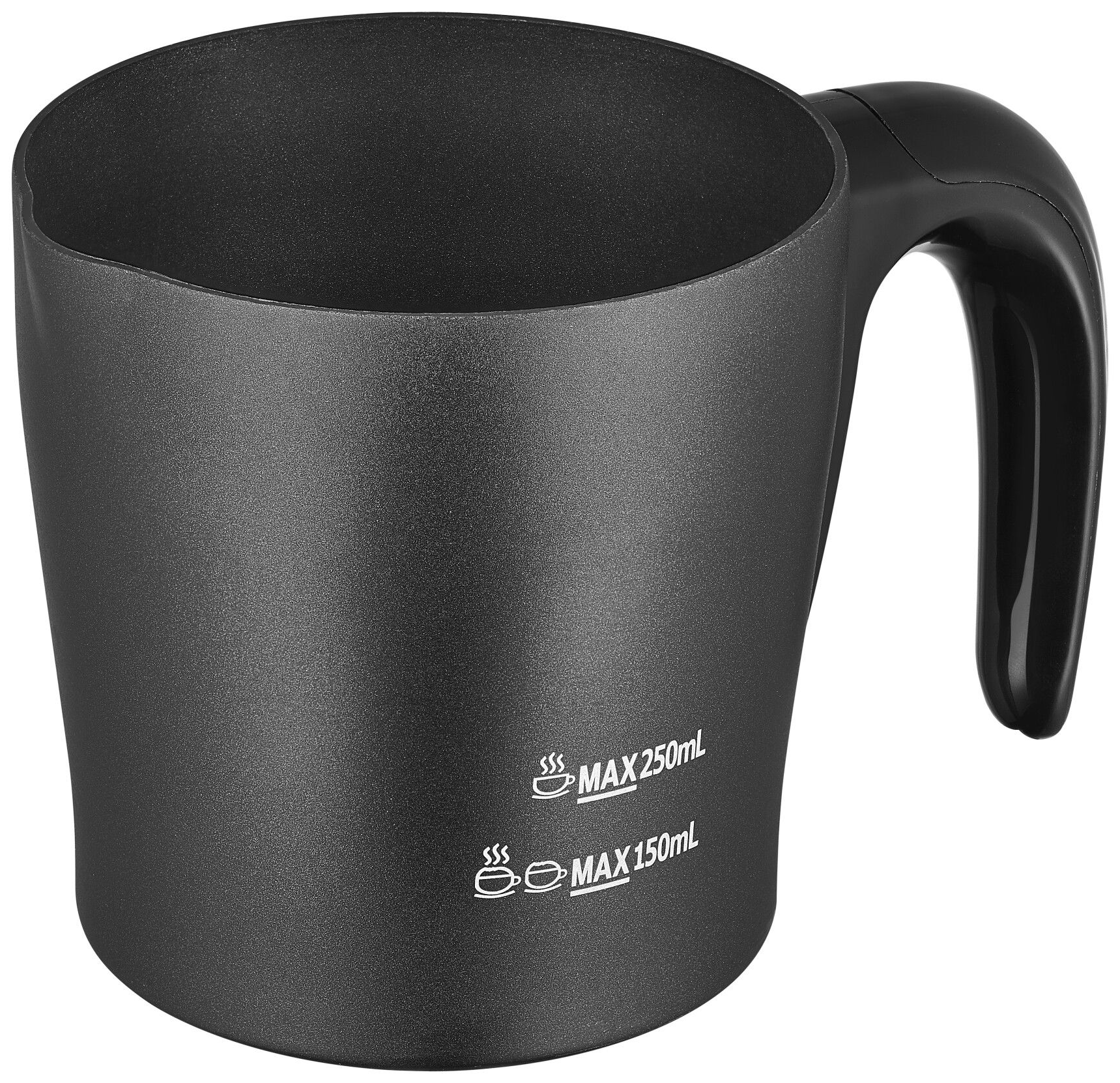 Fekete bögre fogantyúval, max. 250ml és 150ml jelöléssel.
