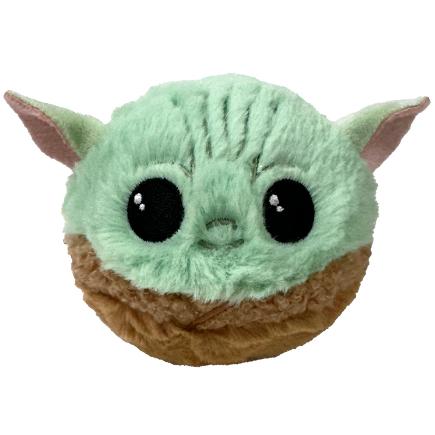 Ein hellgrüner Plüsch-Baby Yoda mit großen schwarzen Augen und braunem Unterteil.