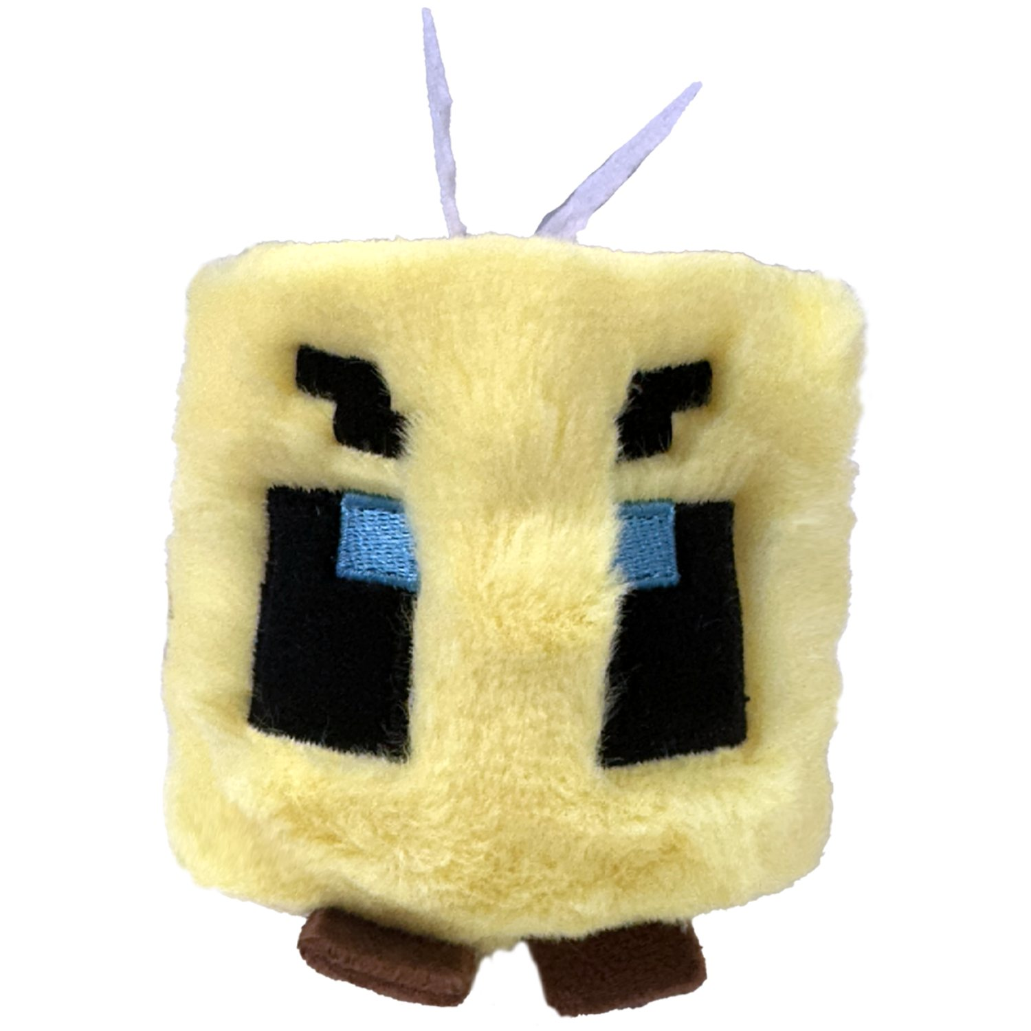 Ein gelbes Minecraft-Bienen-Plüschtier mit schwarzen Augen und blauen Pupillen.