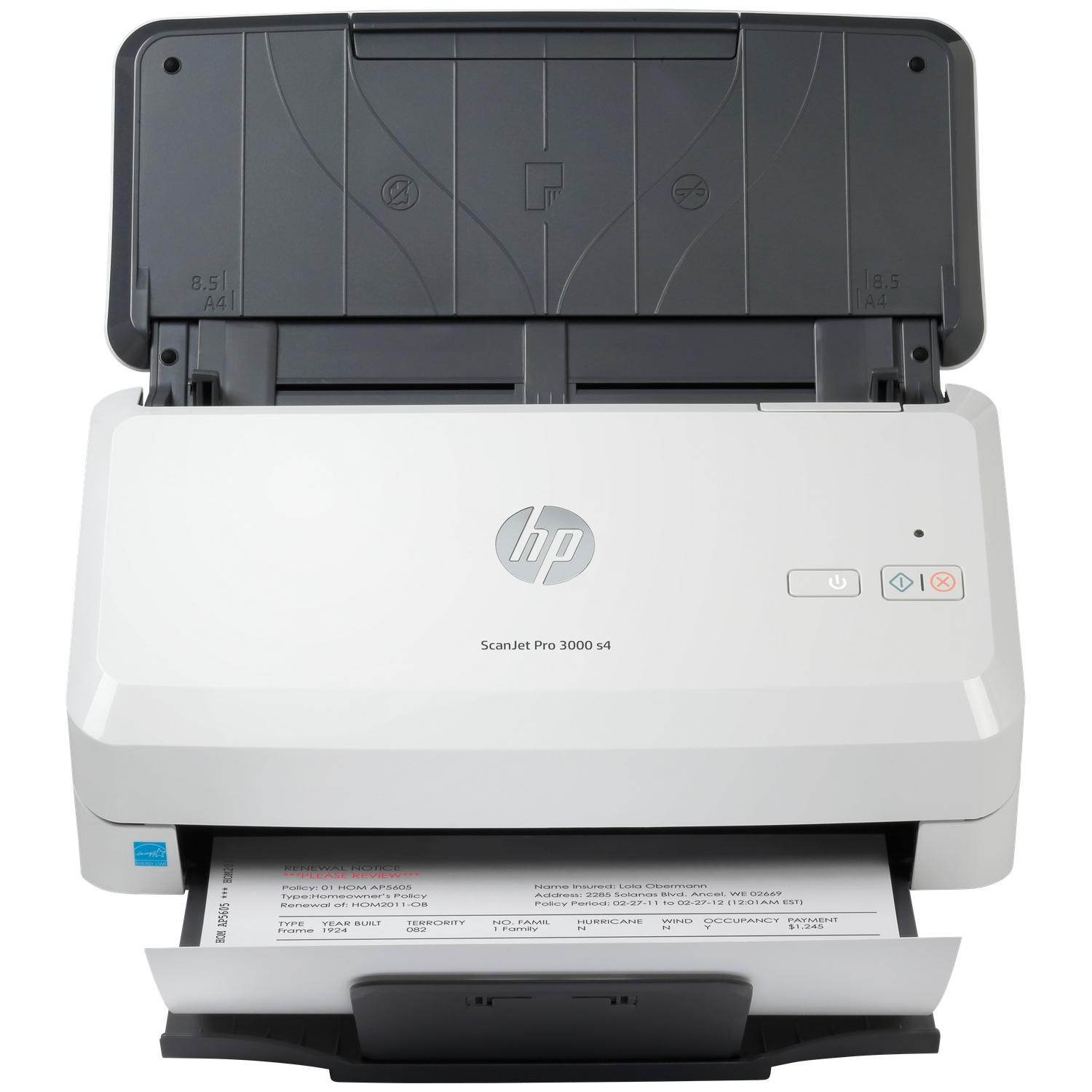 Een witte HP ScanJet Pro 3000 s4 scanner met geopende klep, toont een document.