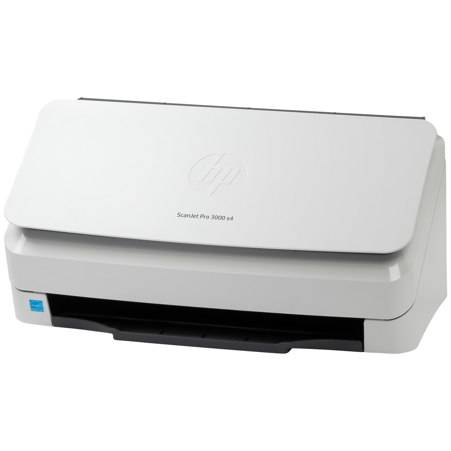 Een witte HP ScanJet Pro 3000 s4 scanner met zilveren HP logo en Energy Star keurmerk.