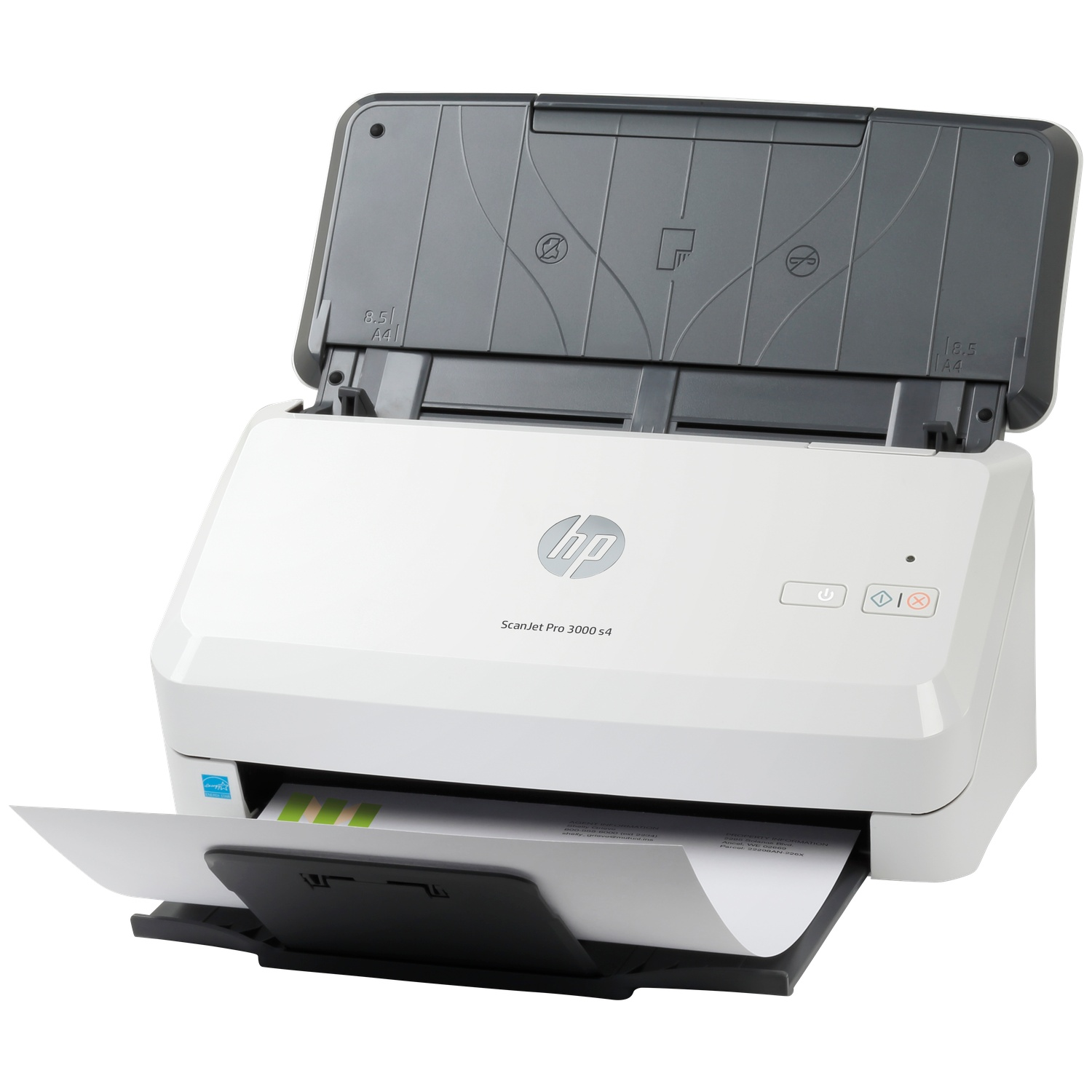 Een witte HP ScanJet Pro 3000 s4 scanner met geopende klep, die papier invoert.