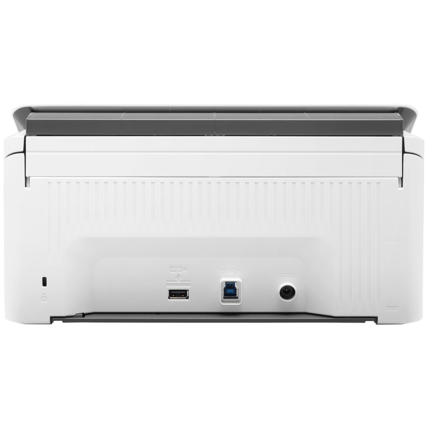 Achterkant van een witte printer met USB- en stroompoorten. Grijze sierrand bovenaan.