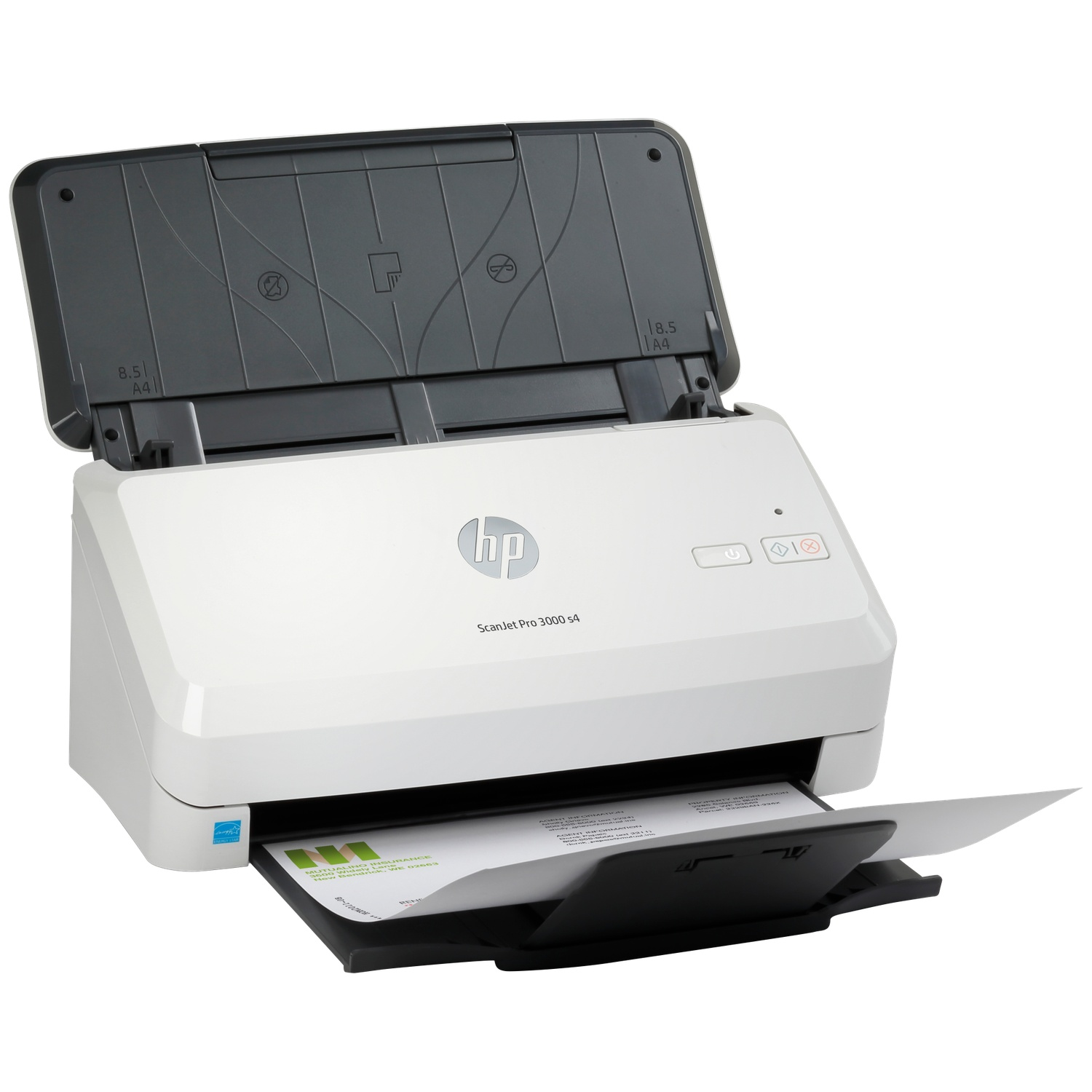 Een witte HP ScanJet Pro 3000 s4 scanner met open deksel.