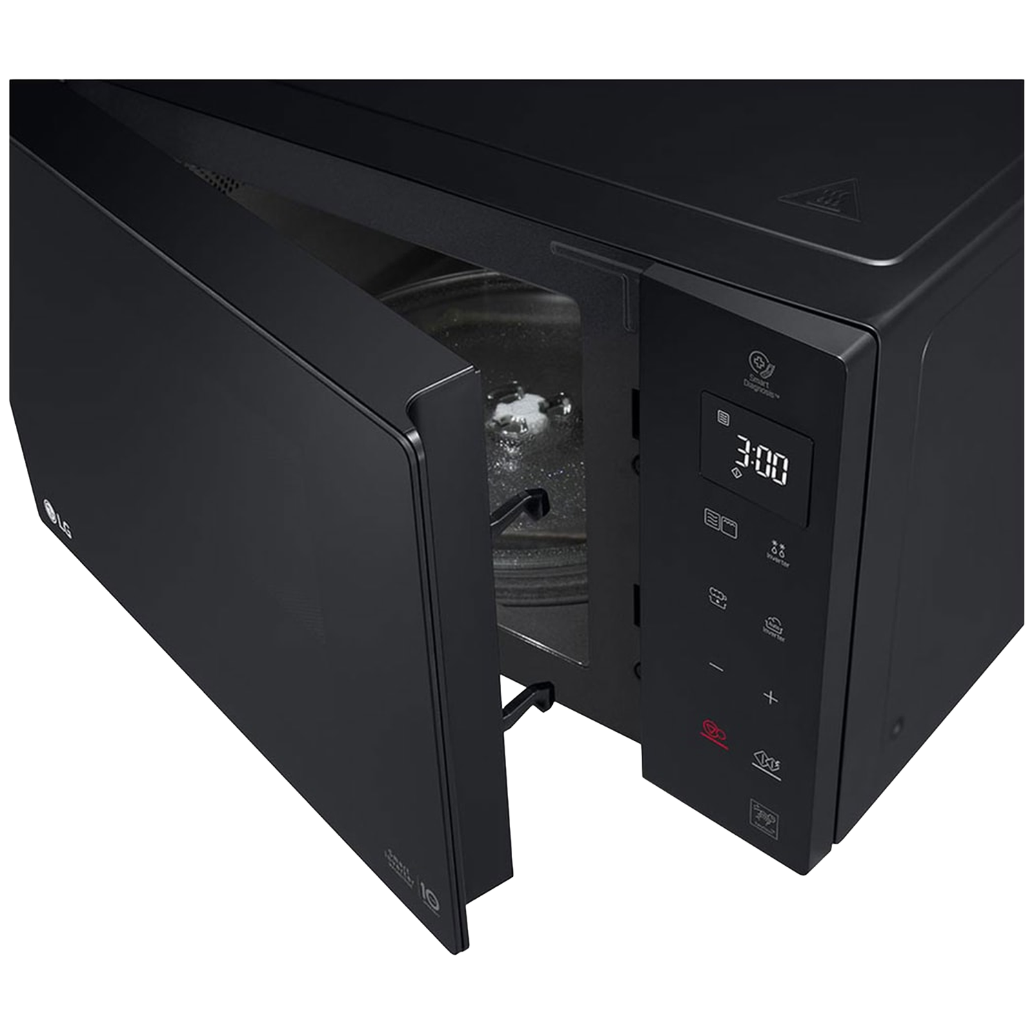 Black microwave with open door and digital display showing 3:00.